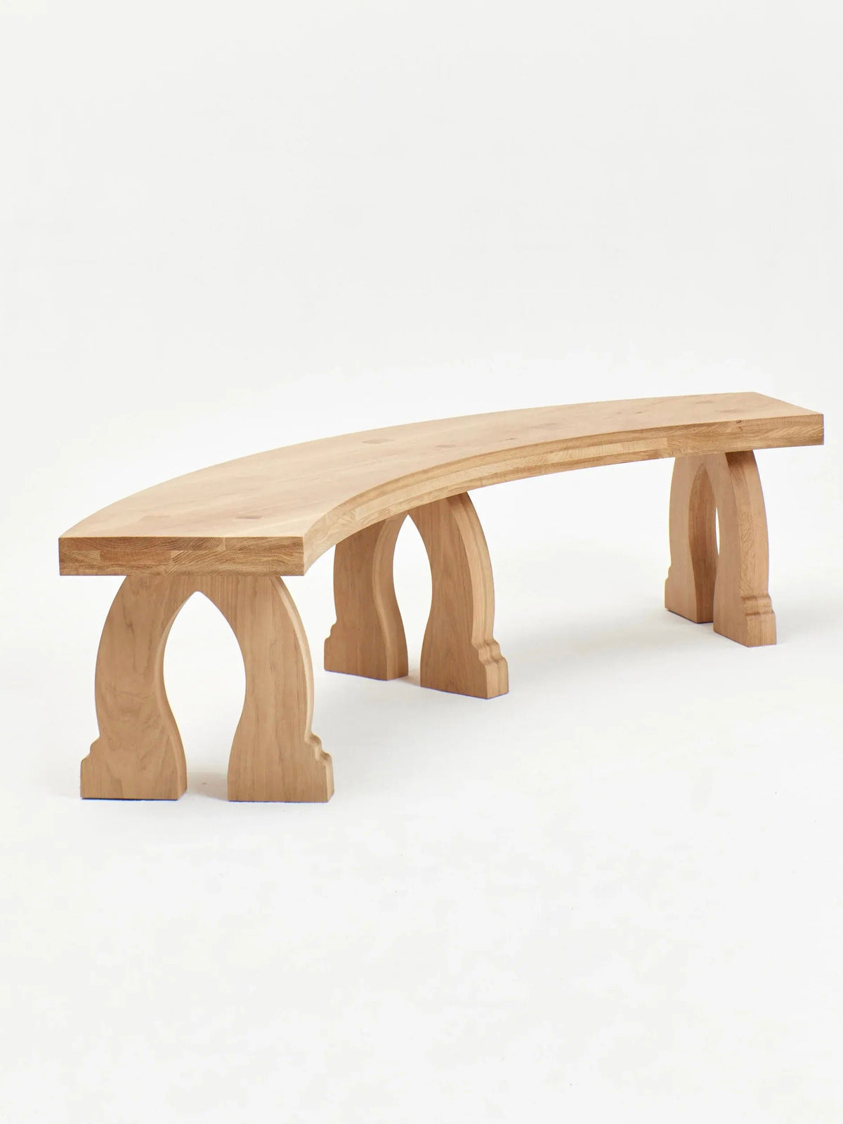 Sintra Curved Bench in Oak — top view of curved wooden seat
