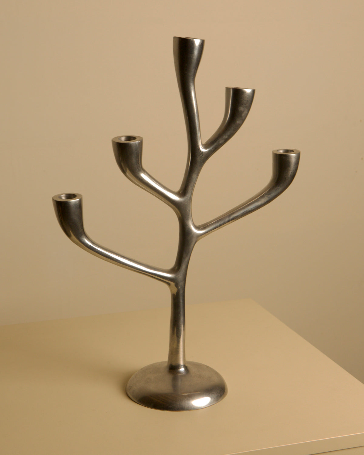 Large 80's Aluminum "Tree" Candleholder — close-up of metallic branches