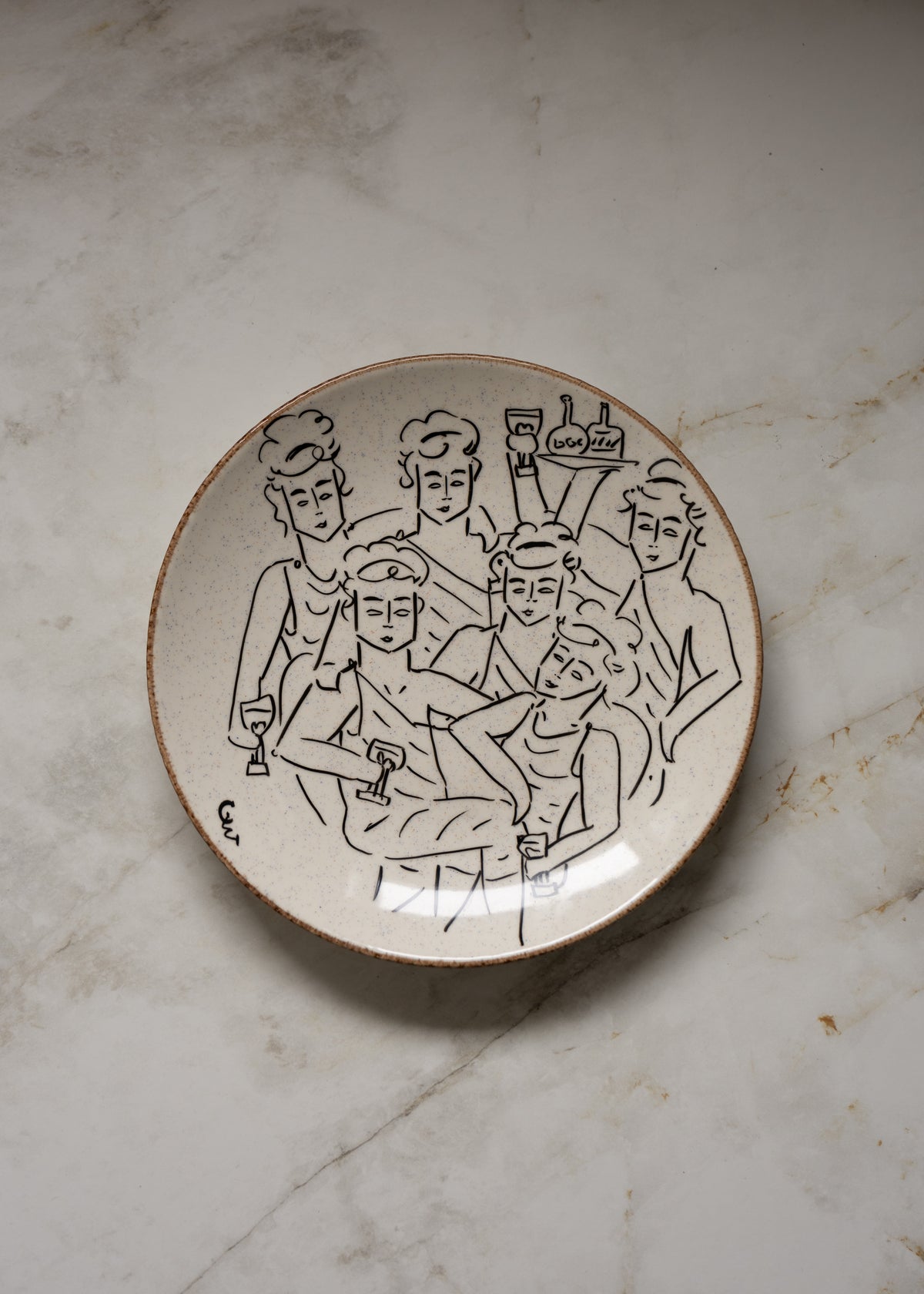 Ceramic decorative dish with Roman figures line drawing by Claire de Wolf