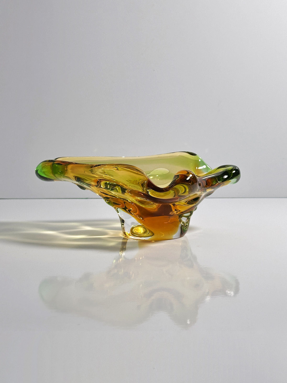 Bohemian amber glass vide-poche bowl with flowing organic form 1960s