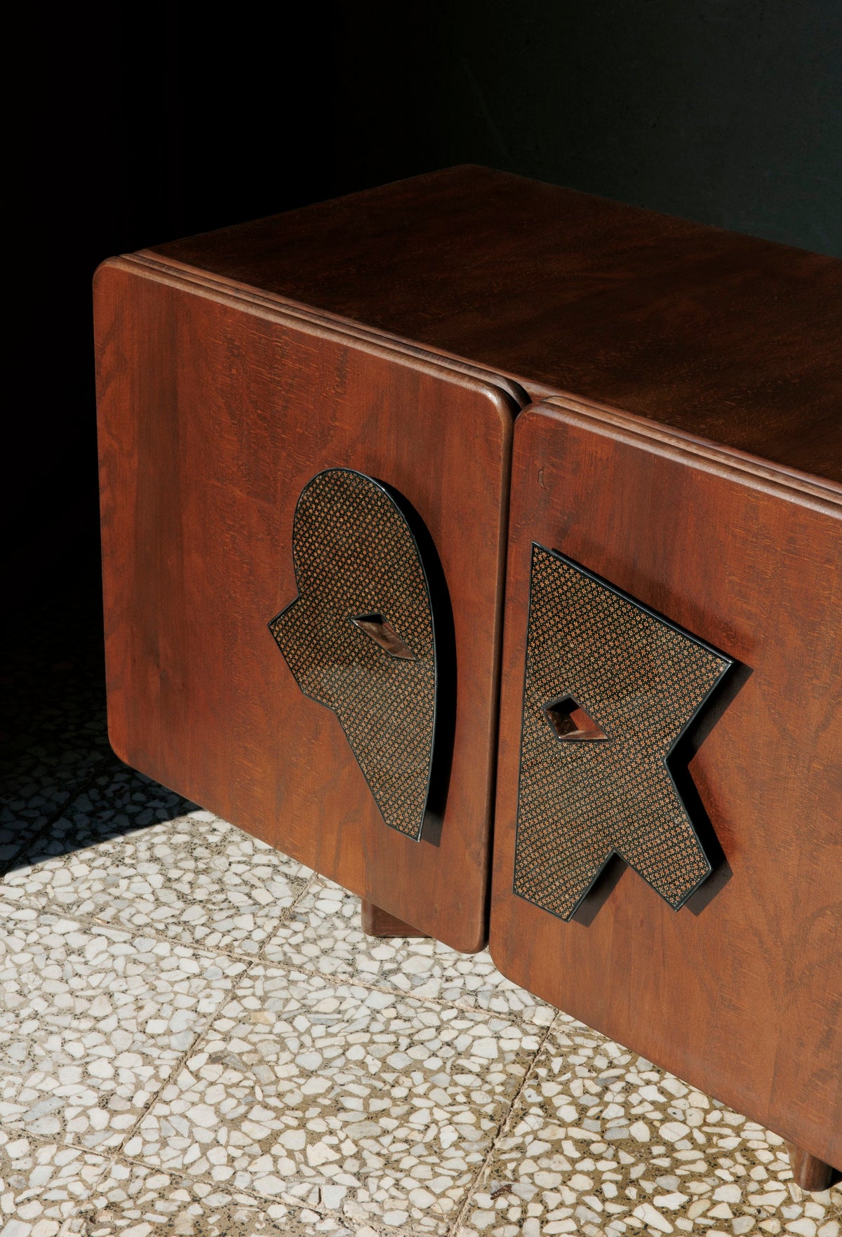 MA I Sideboard – Walnut Finish, Khatam Marquetry Credenza — top view highlighting marquetry detail