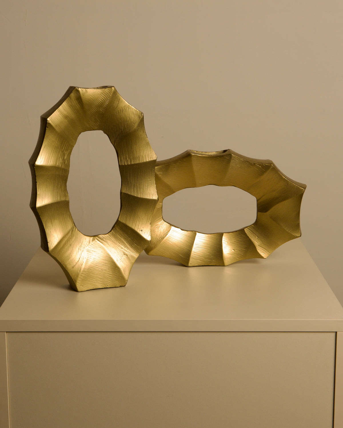 Pair of Italian 80s Gilt Aluminum Vases by Treaptyque | The Oblist — gold finish, vintage design