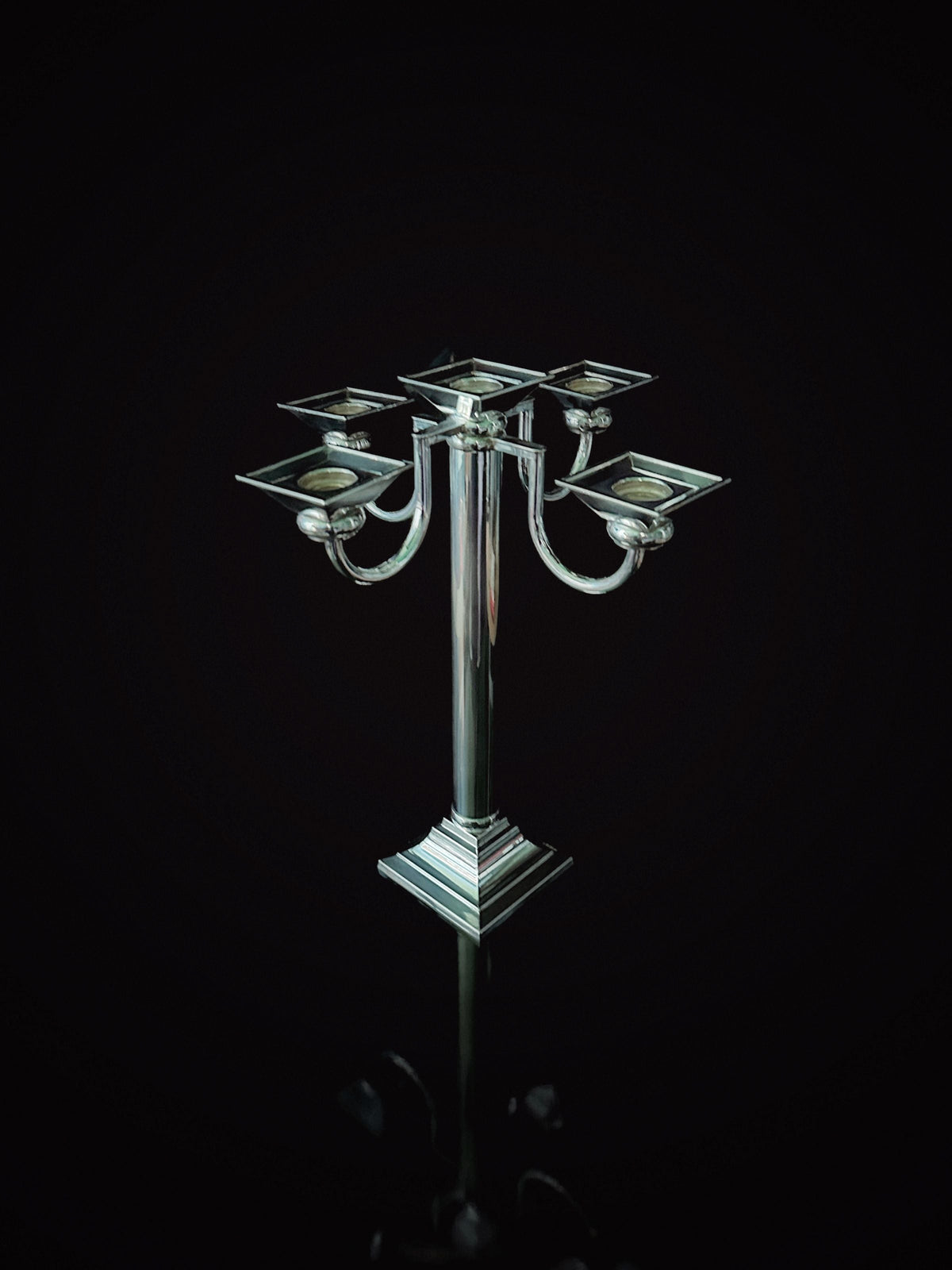 Silver-plated Art Deco candelabra with five arms on square base