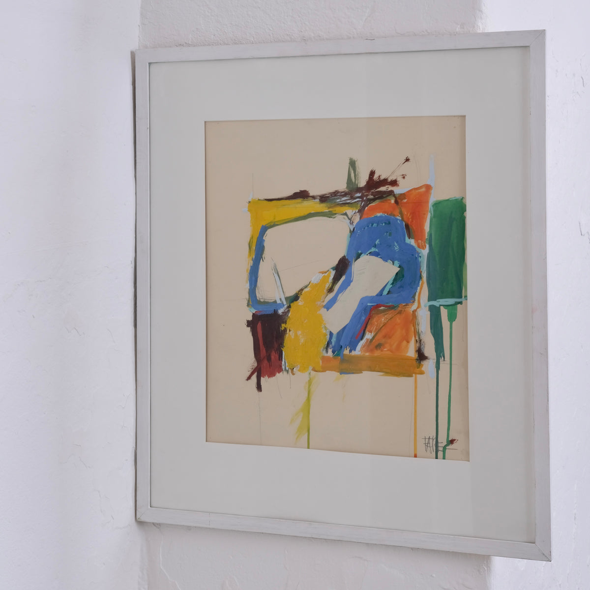 Leopold Fare Abstract Composition Painting | 1960s — angled view on white wall
