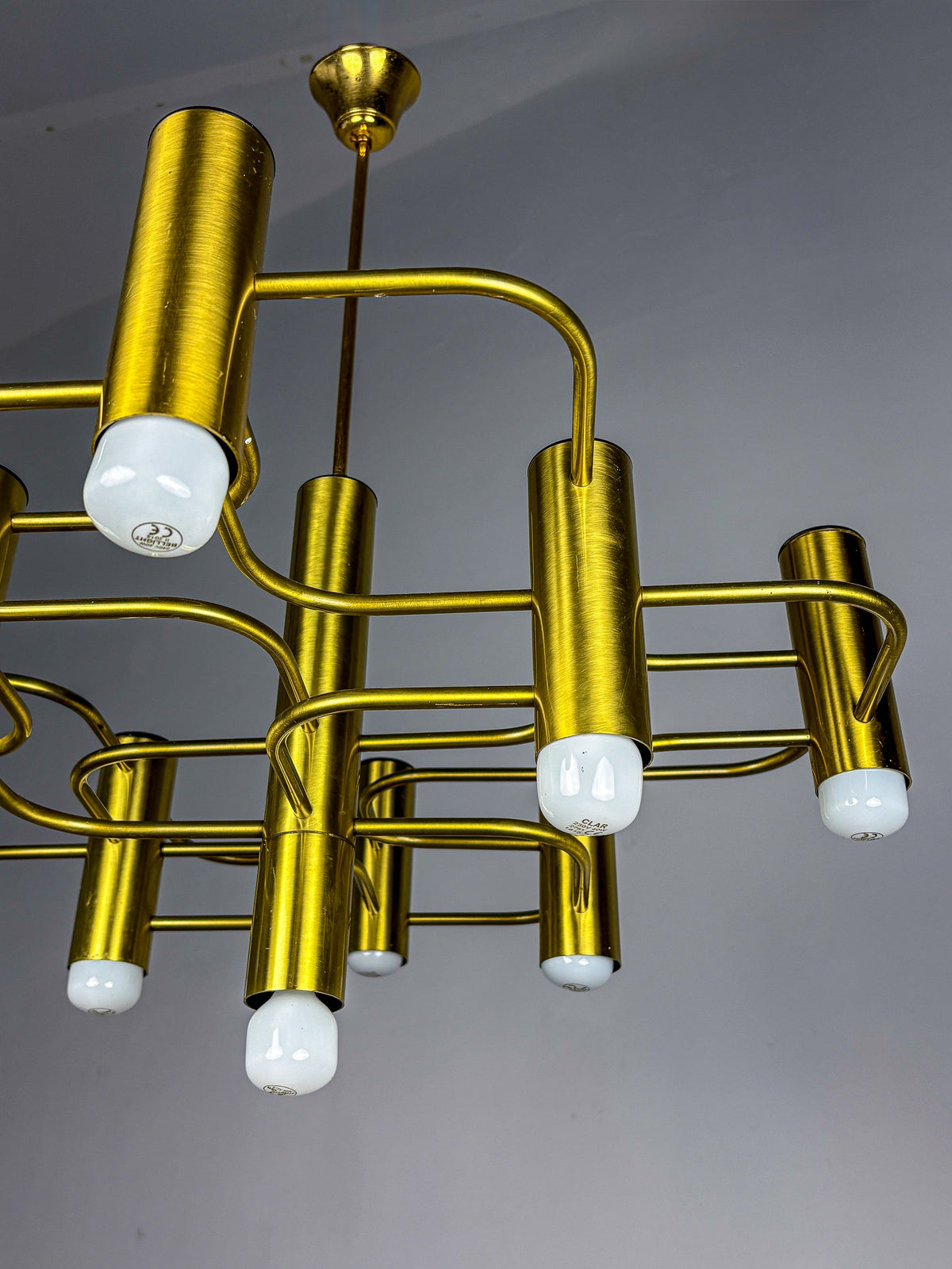 Gaetano Sciolari Geometric Chandelier, 9 lights, Italy, 1970s — side angle