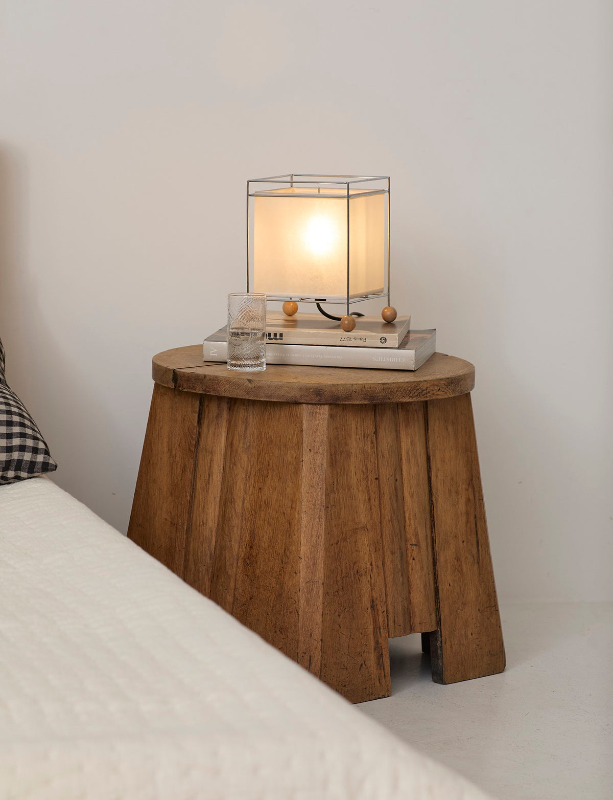 French 1930-40s side table in solid oak — side angle
