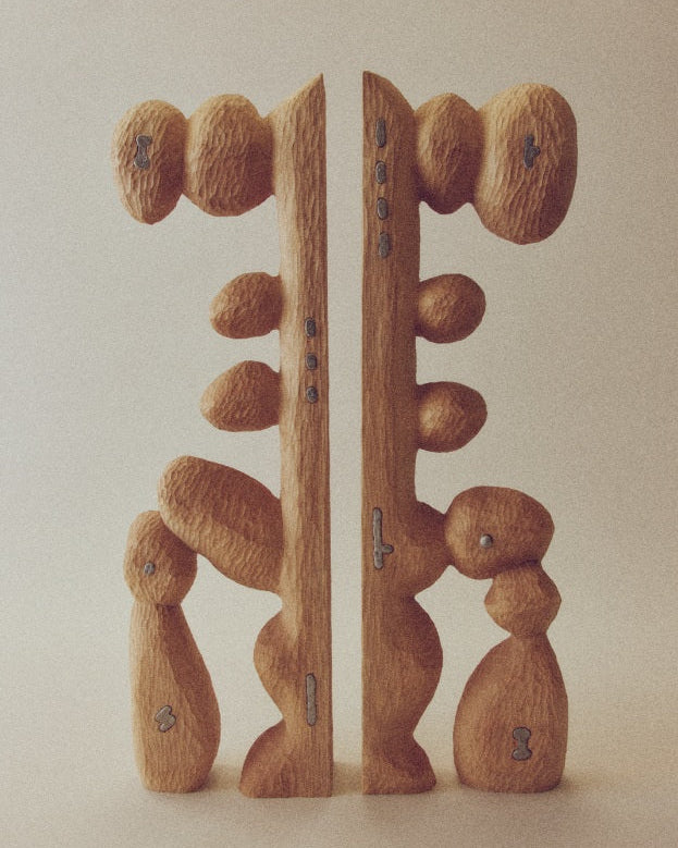 Symmetric oak wood sculpture with organic forms by Karim Charlebois