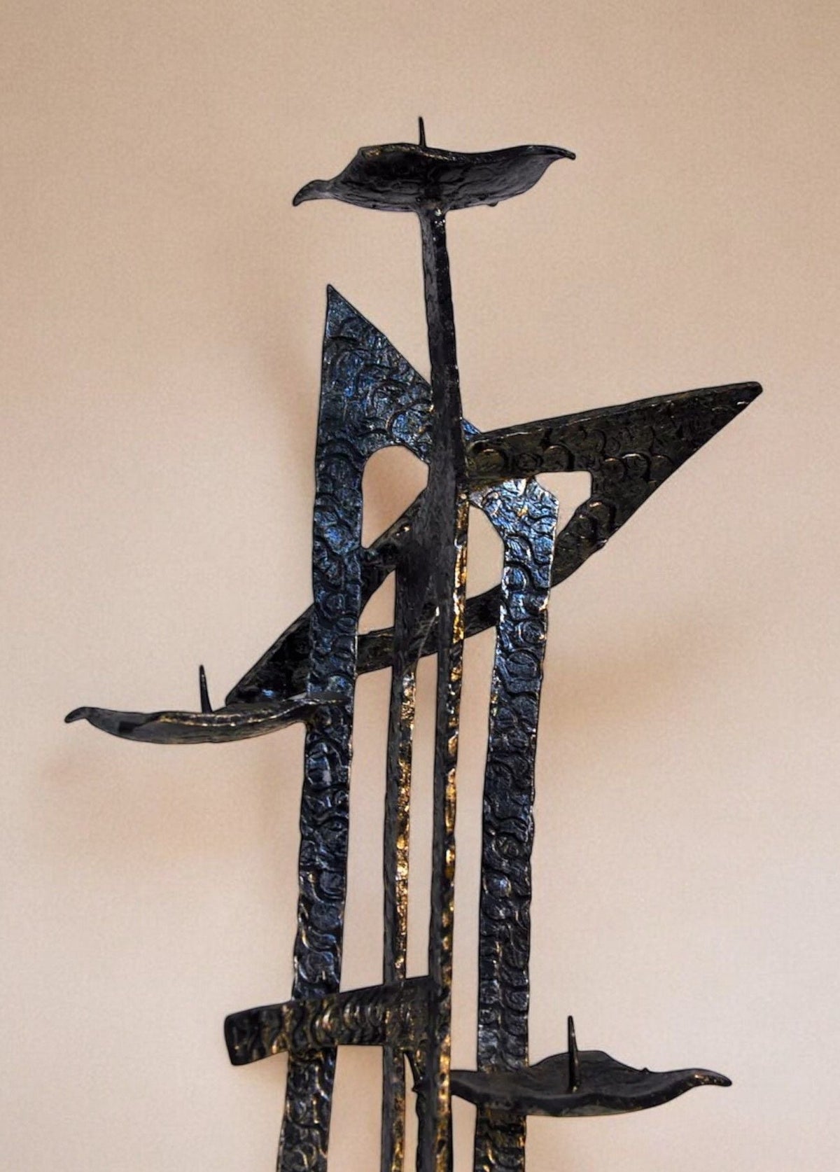 Brutalist candle holder by David Palombo,1960s — side angle showing textured black metal design
