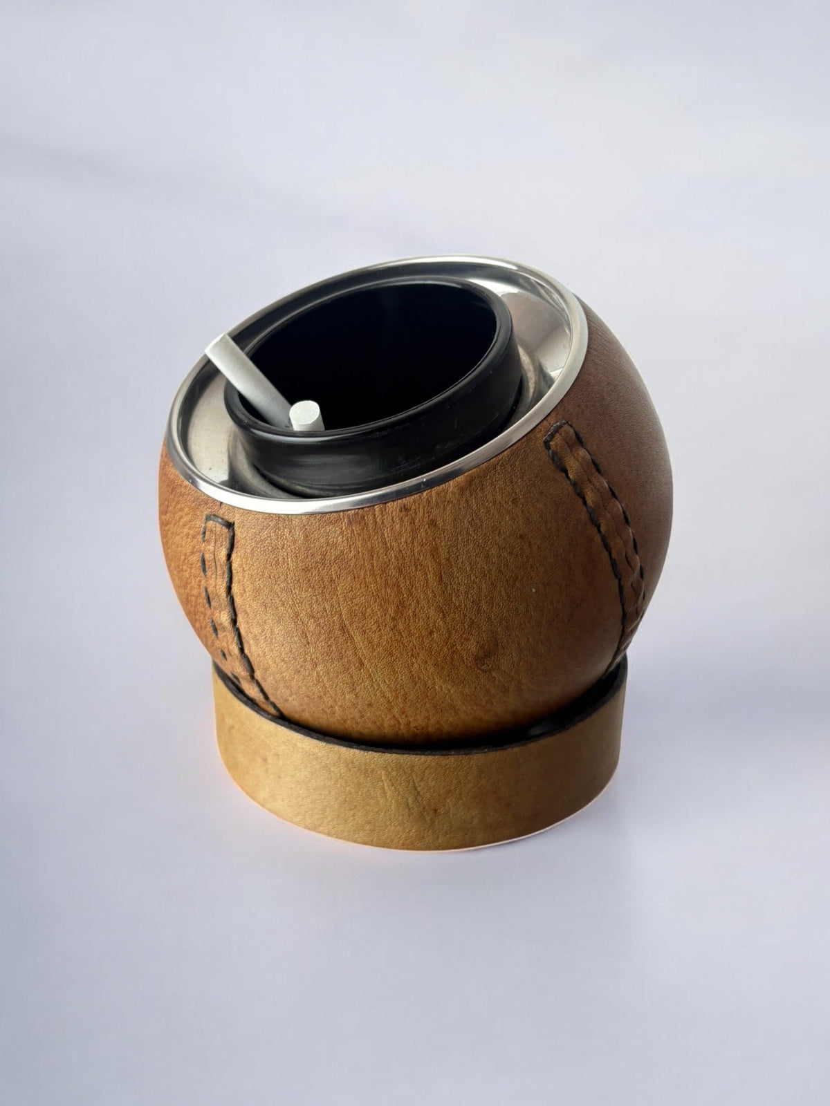 Circular cigarette box with support in leather, Spain, 1980's by Malamar Studio | The Oblist