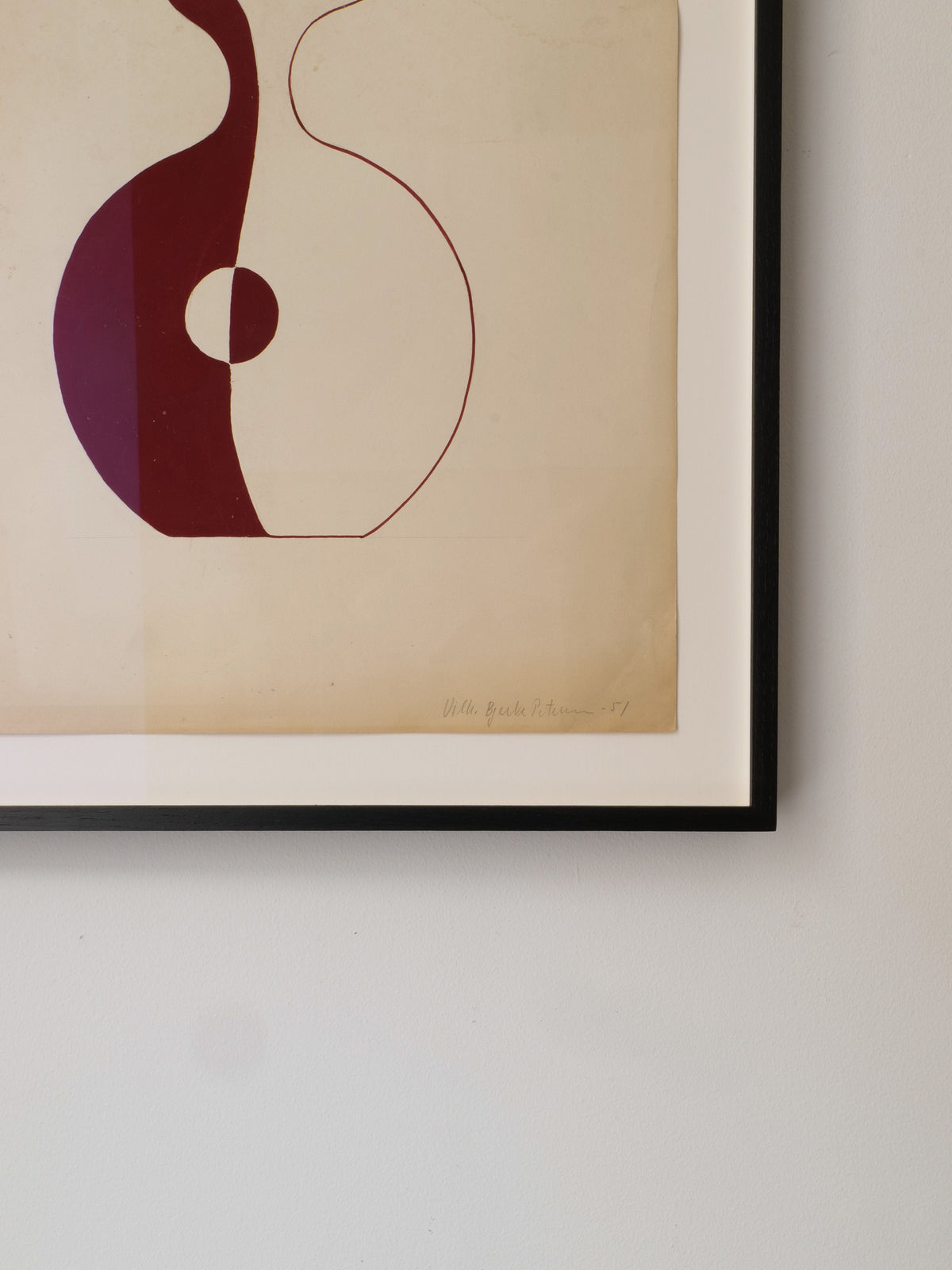 Collection apart’s 'Red Vase' Painting 1951: a framed abstract piece featuring a cream background and striking maroon geometric shape—echoing the original red vase—partially cropped on the left and displayed against a plain white wall.