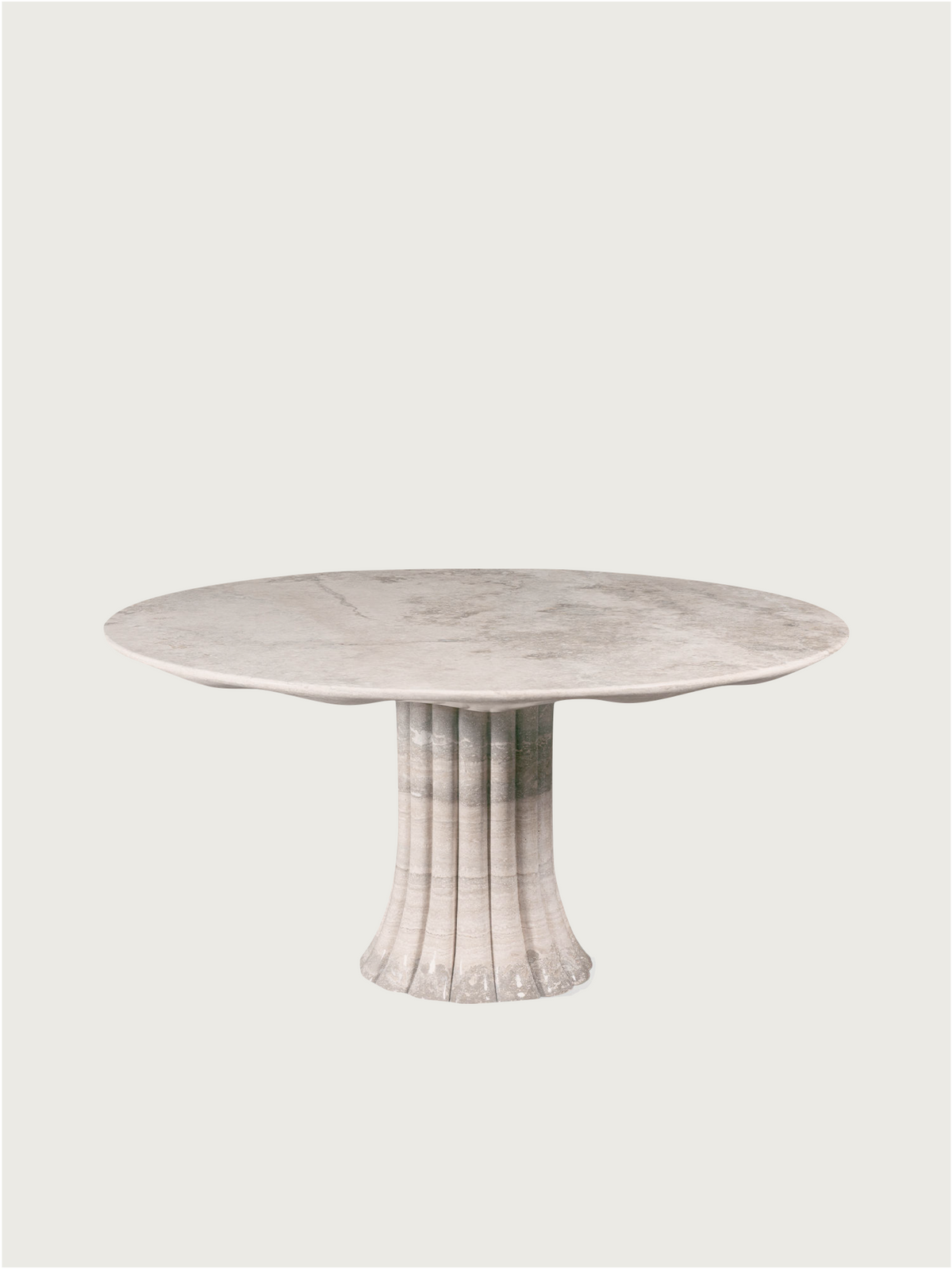 Drapery Table in Silver Travertine — side angle