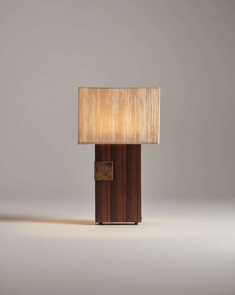 Esperia table lamp with walnut base and cream fabric shade