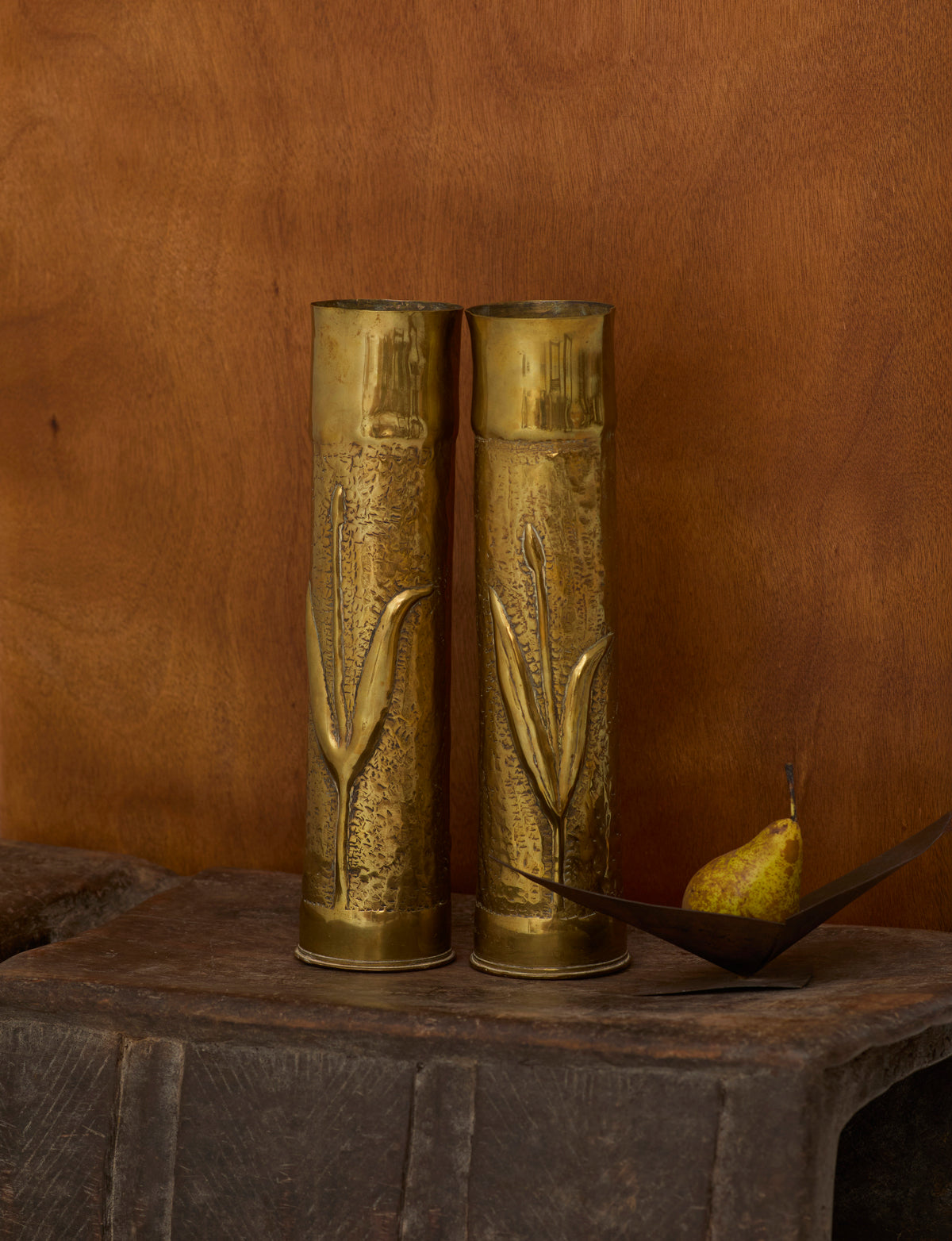 Set of 2 Vintage Vases in Metal Brass — back view with textured surface