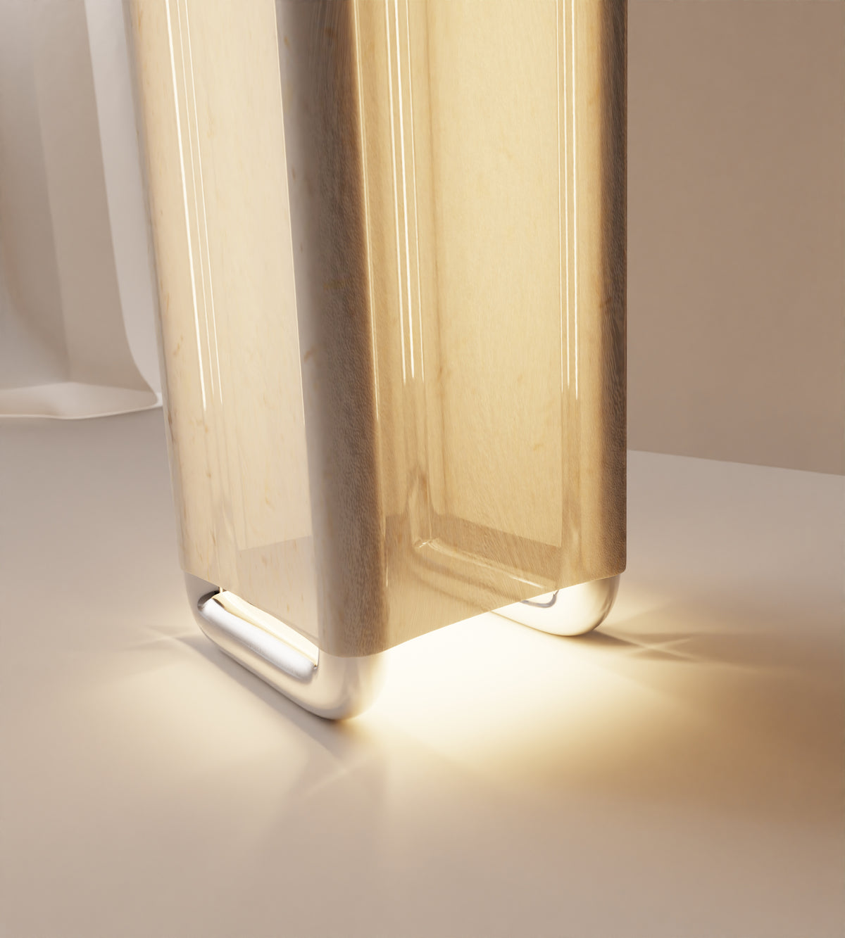 “Xoria” Floor Lamp | Stainless Steel Linen — top view highlighting warm light glow