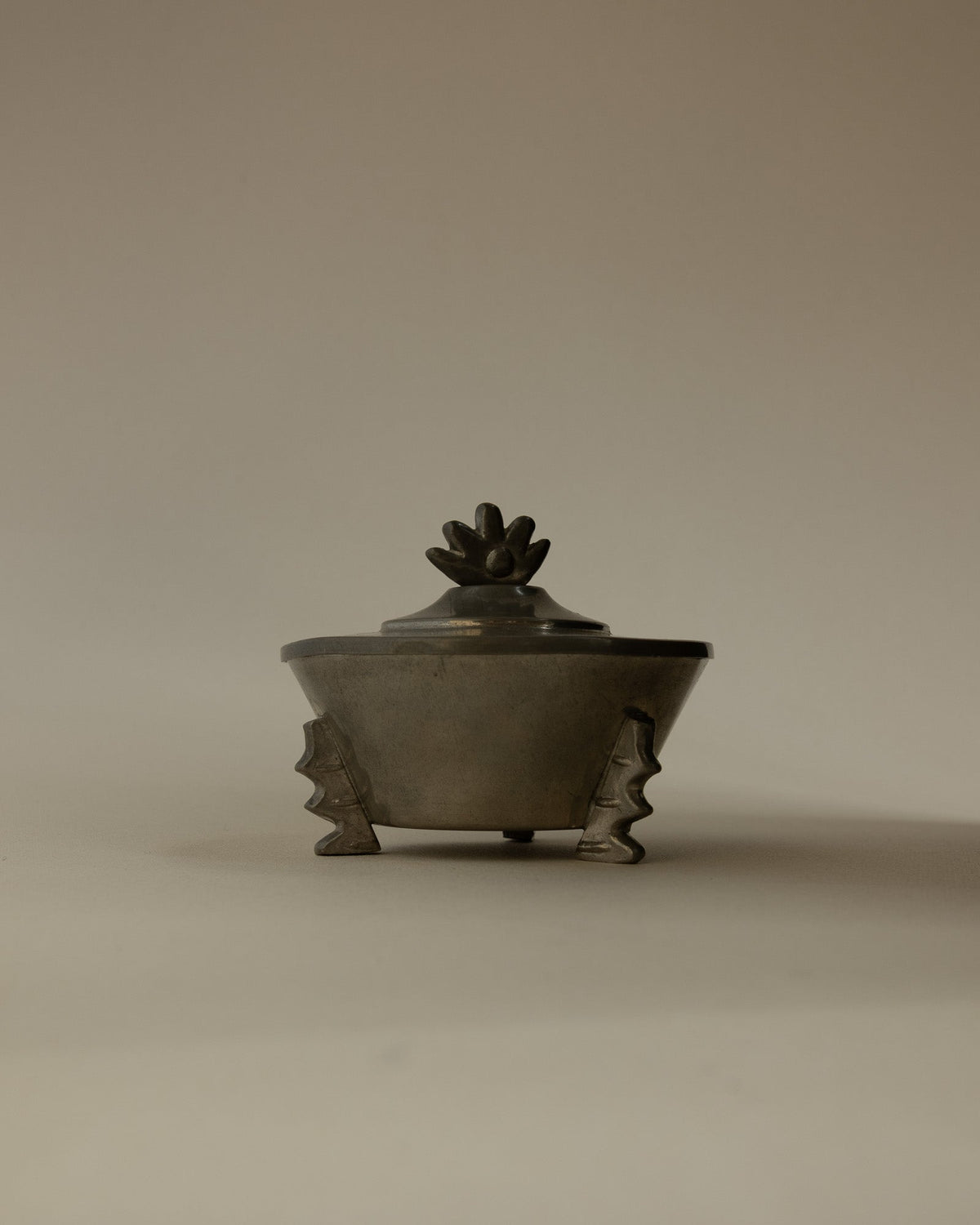 B.H. Edlunds for Svenskt Tenn Swedish Grace Pewter Bonbonnière with Crown Finial (1930) — side angle