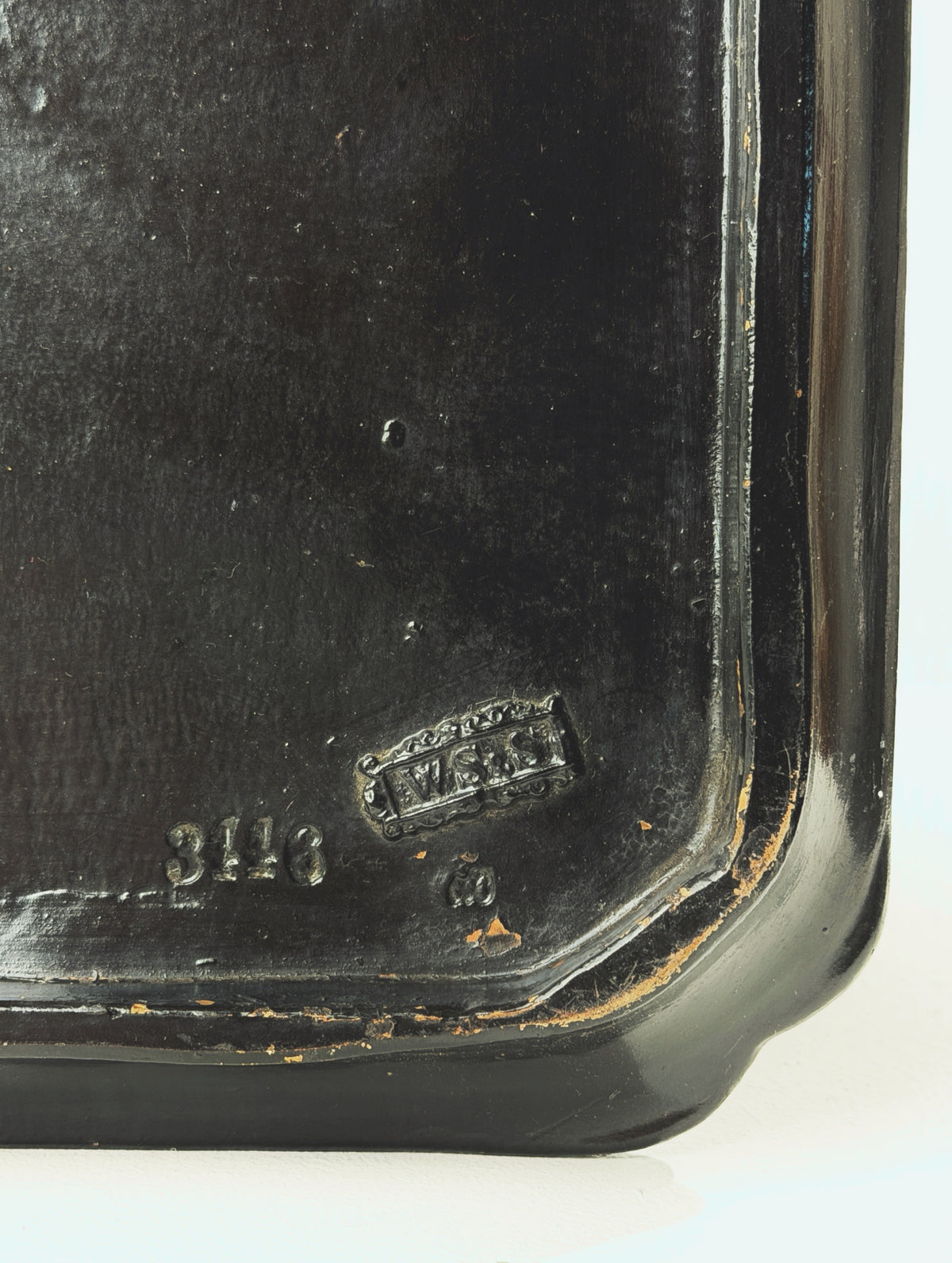 Rectangular Decorative Tray by Wilhelm Schiller & Sons, Bohemia, circa 1900 — top view highlighting dark ceramic finish