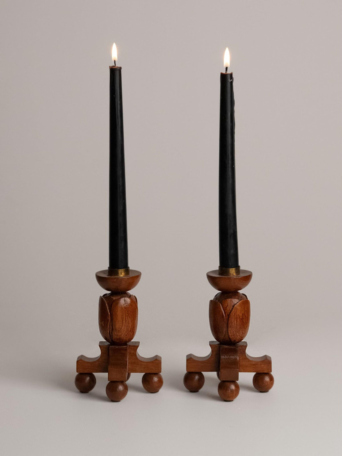 Vintage Hand-Carved Wooden Tulip Candlesticks, Mid-Century Scandinavian Folk Art, Pair by Studio Ecubed