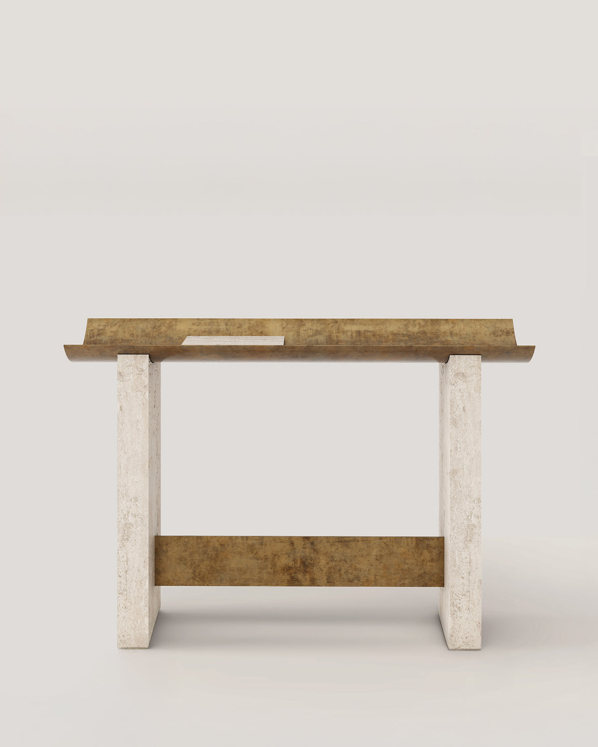 Brut console with white stone legs and wood top by Buket Hoscan