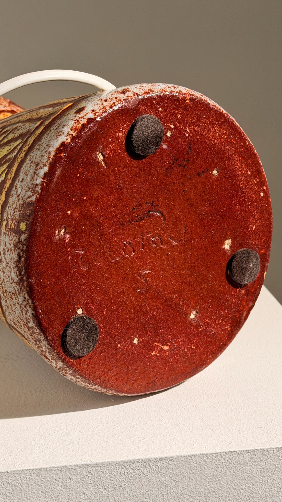Rare ceramic lamp by the Accolay potters, France, circa 1960 — bottom view showing signature and felt pads