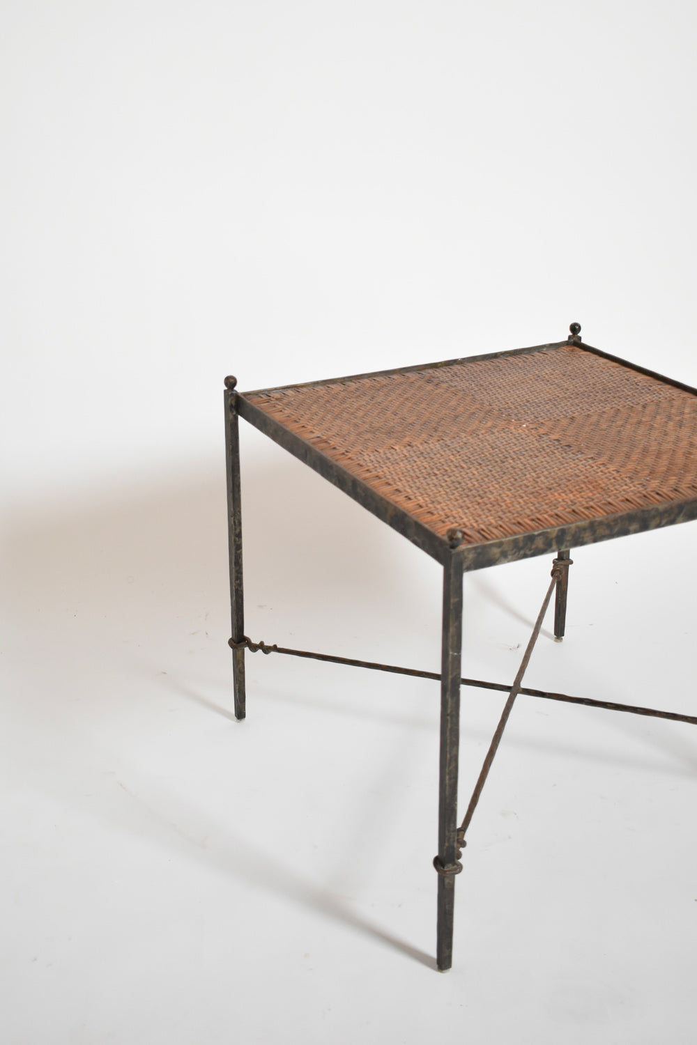 Pair of Wrought Iron and Wicker Side Tables, 1970s — close-up