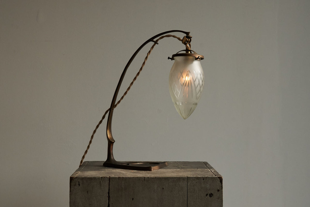 Art Nouveau Table Lamp in Sand Cast Brass and Etched Glass 1920s — lifestyle setting