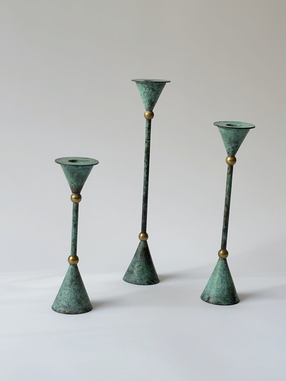 Set of 3 Postmodern Candleholders by Huerto | The Oblist — green patina finish, modern design