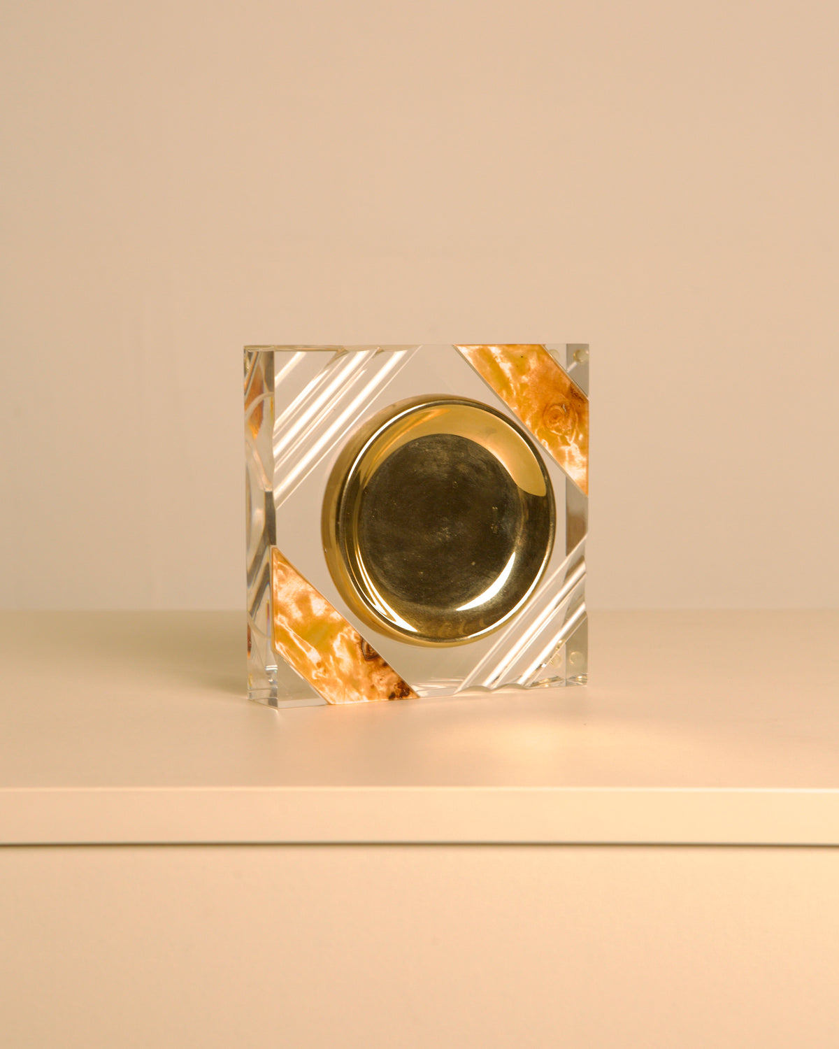 Italian Square Lucite and Brass Vide-Poche / Ashtray, 1970s — close-up