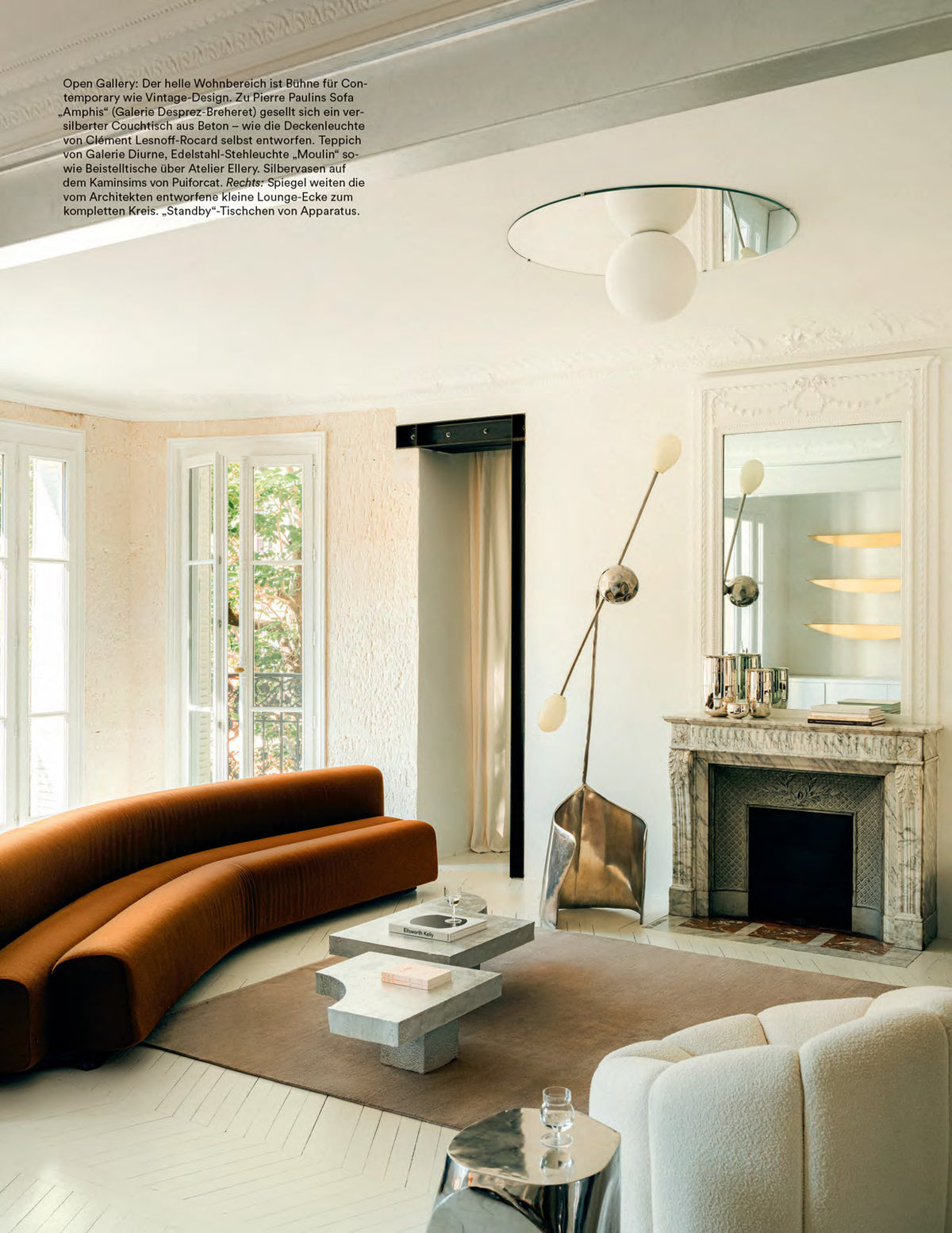 THE MOULIN FLOOR LAMP IN POLISHED BRASS — side angle in modern living room setting