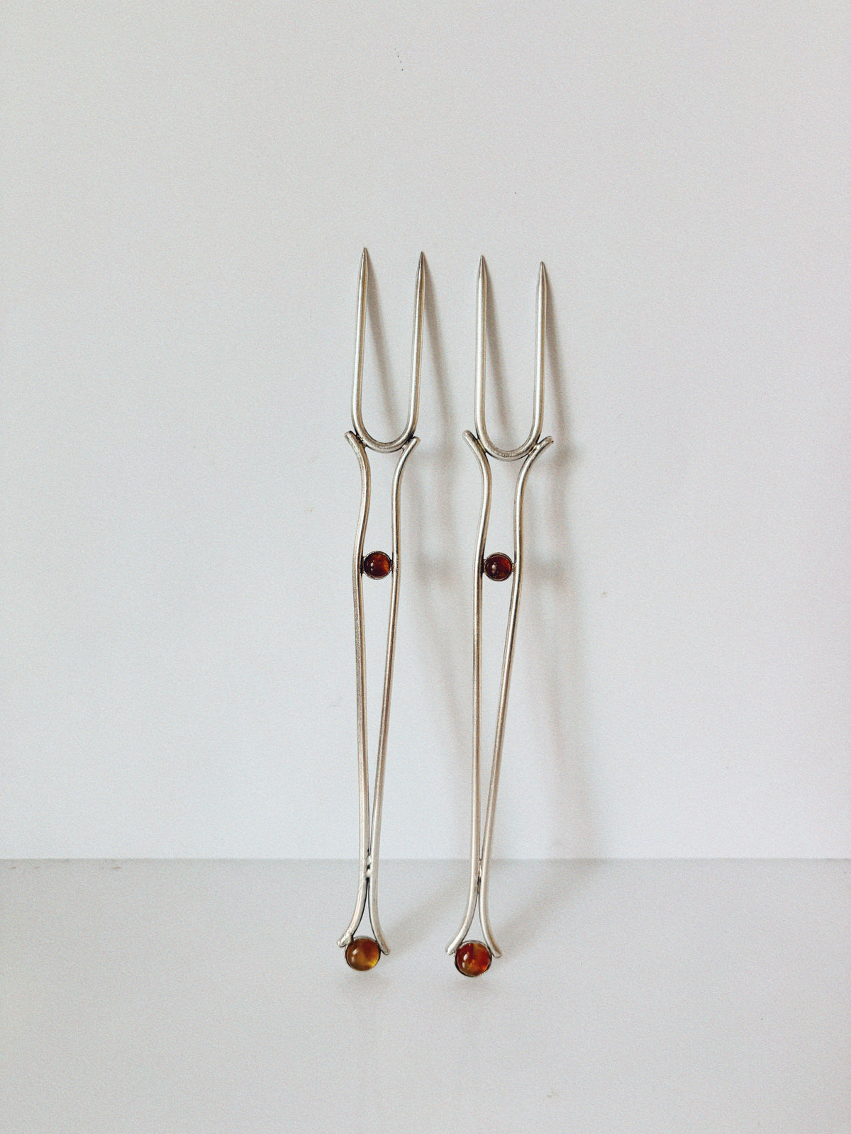 Silver Plated Serving Forks With Amber Inlay, Poland — back view highlighting amber inlays