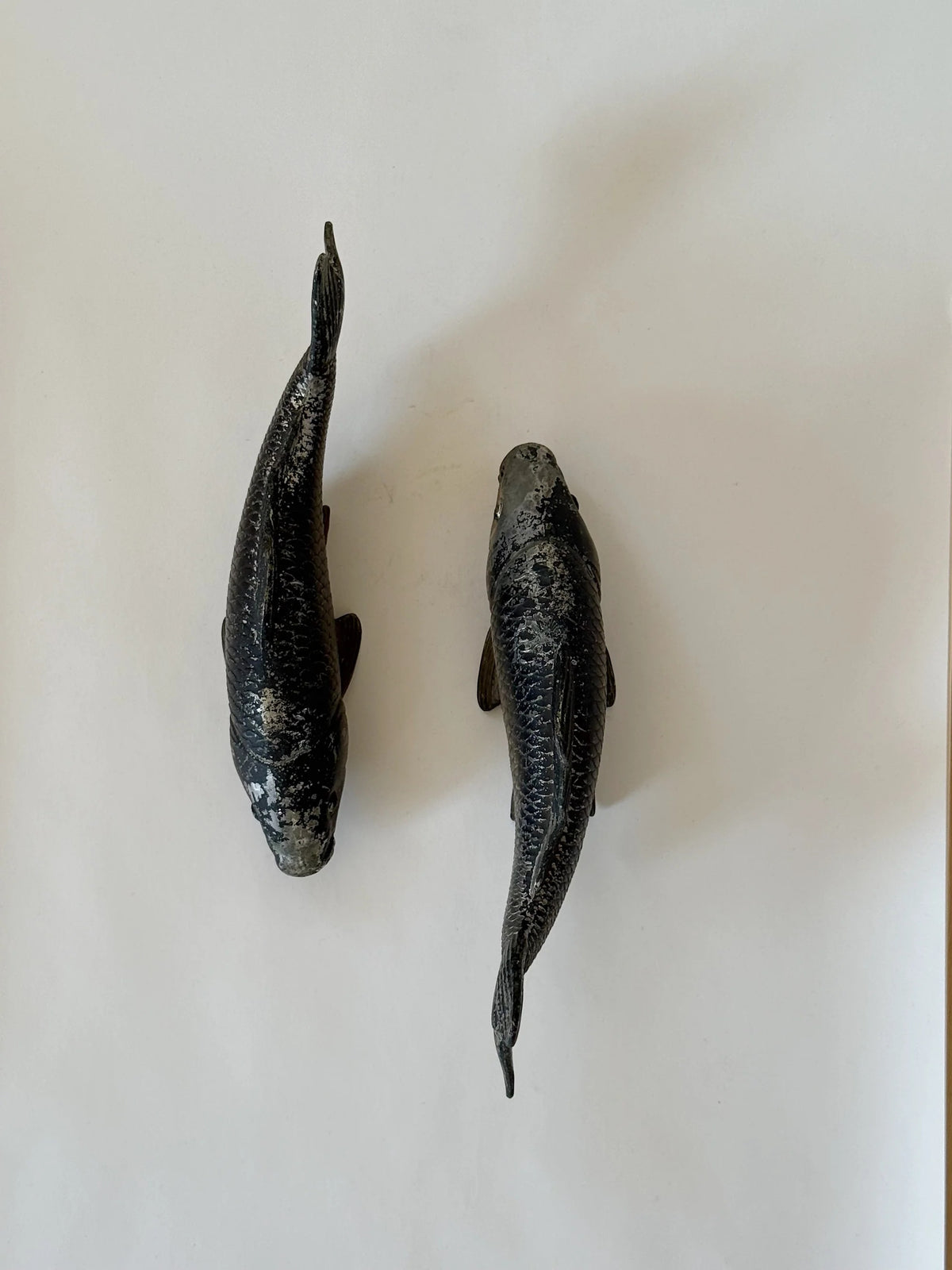Cast Metal Koi Fish, Japan — top view of dark textured surface