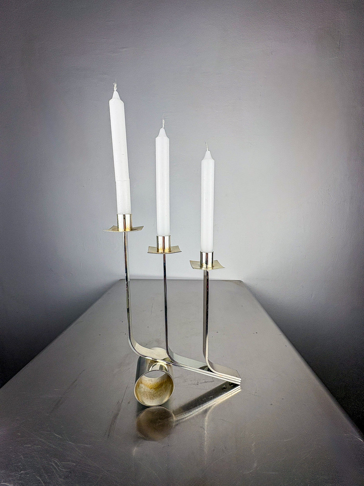 Art Deco 3-Flame Candelabra in Stainless Steel, France — detail view