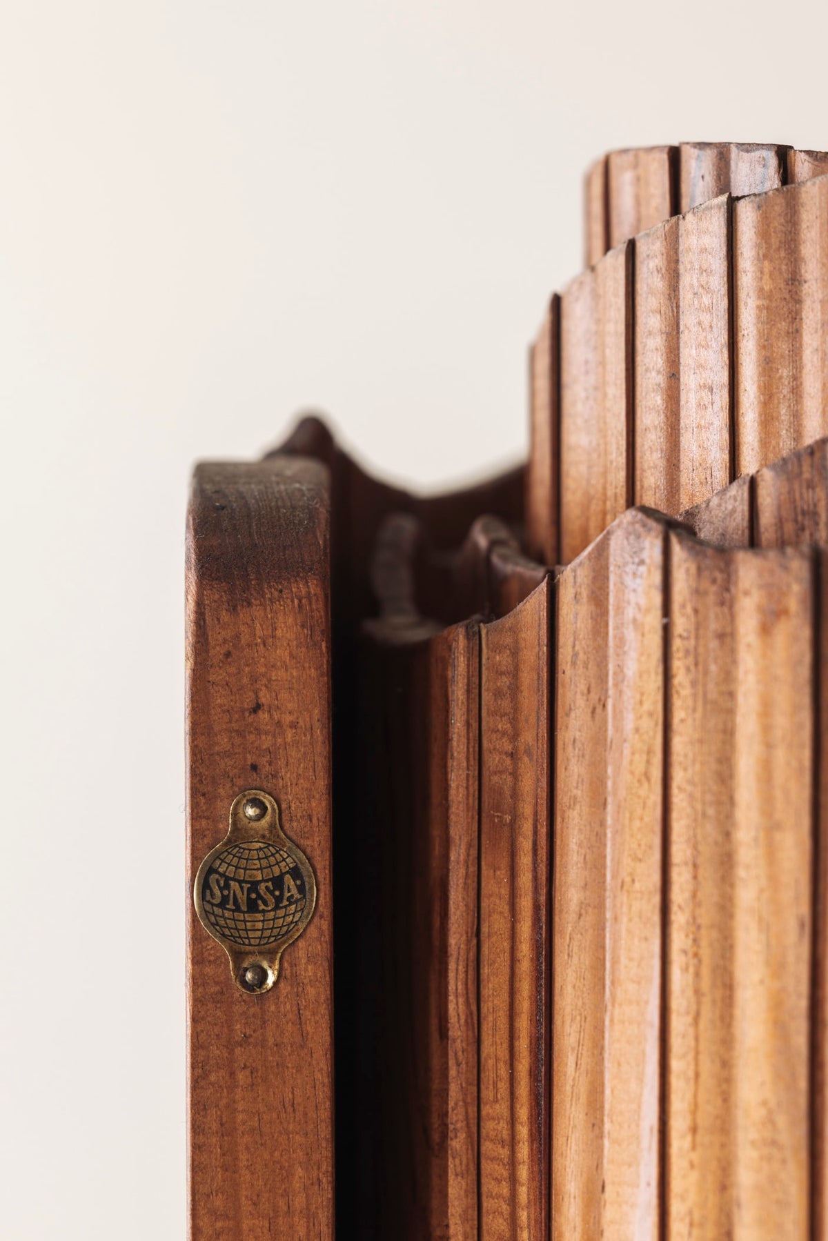 S.N.S.A. Pine Tambour Room Divider, France 1950s — lifestyle setting
