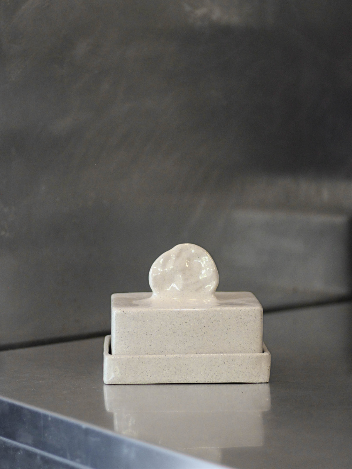Stoneware butterdish — side angle