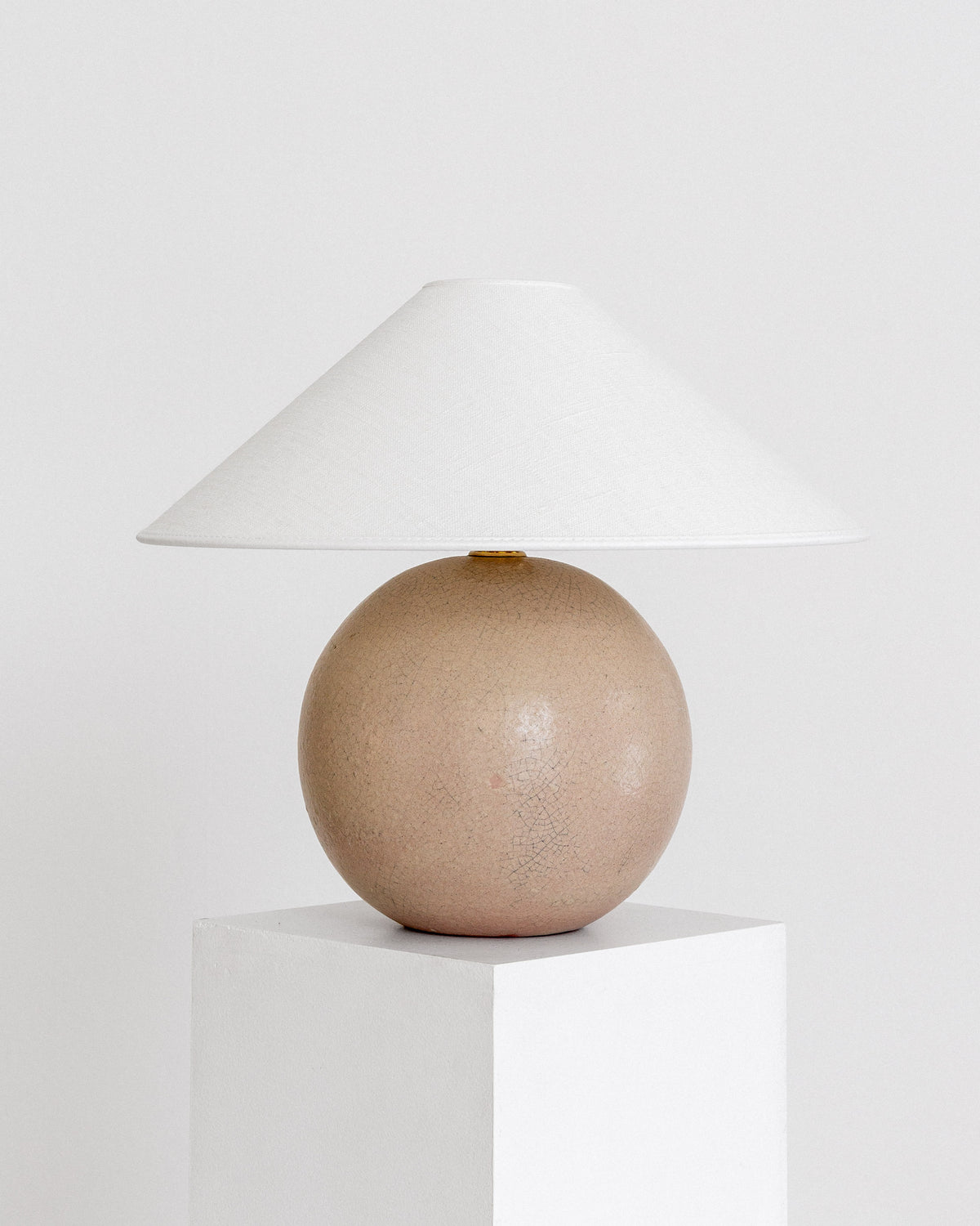 Spherical Modernist Ceramic Table Lamp, 1940s, Sweden by Spigel | The Oblist — handmade beige ceramic with white shade