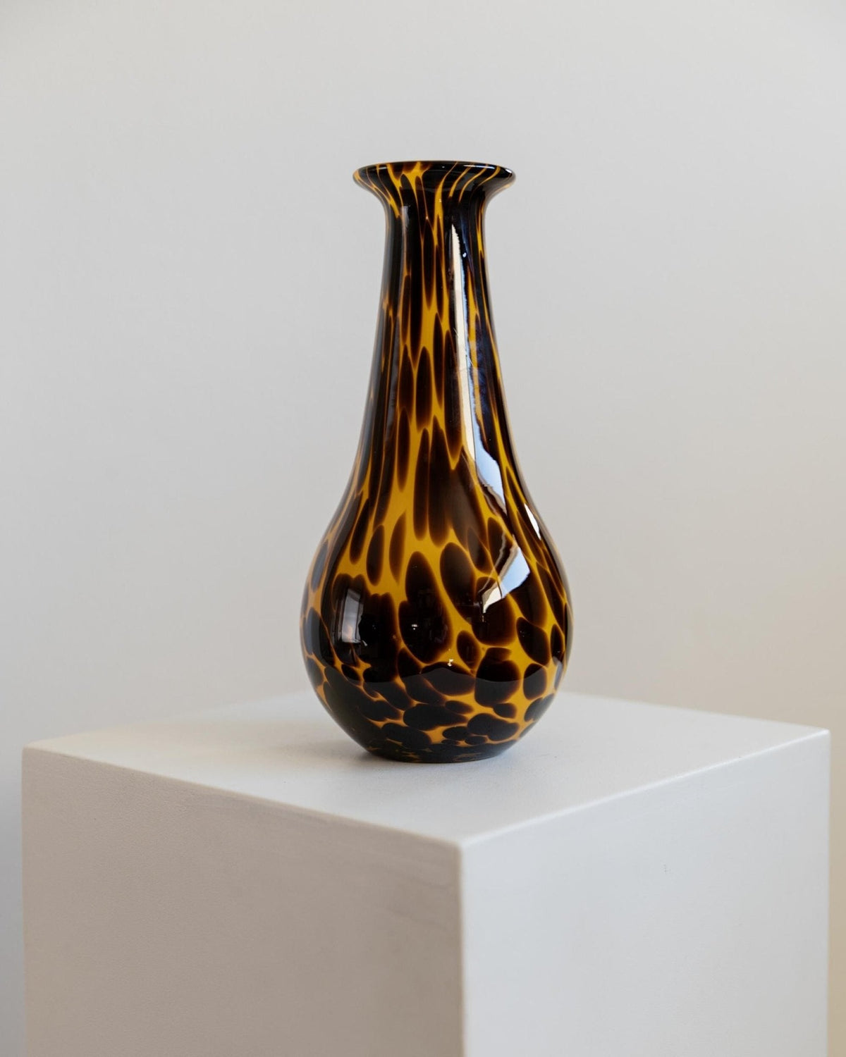 Vintage 1990s Murano Glass Vase, Yellow Art Glass with Brown Dots, Postmodern Italian Design, Sculptural Flower Vase, Elegant Gift Idea — side angle