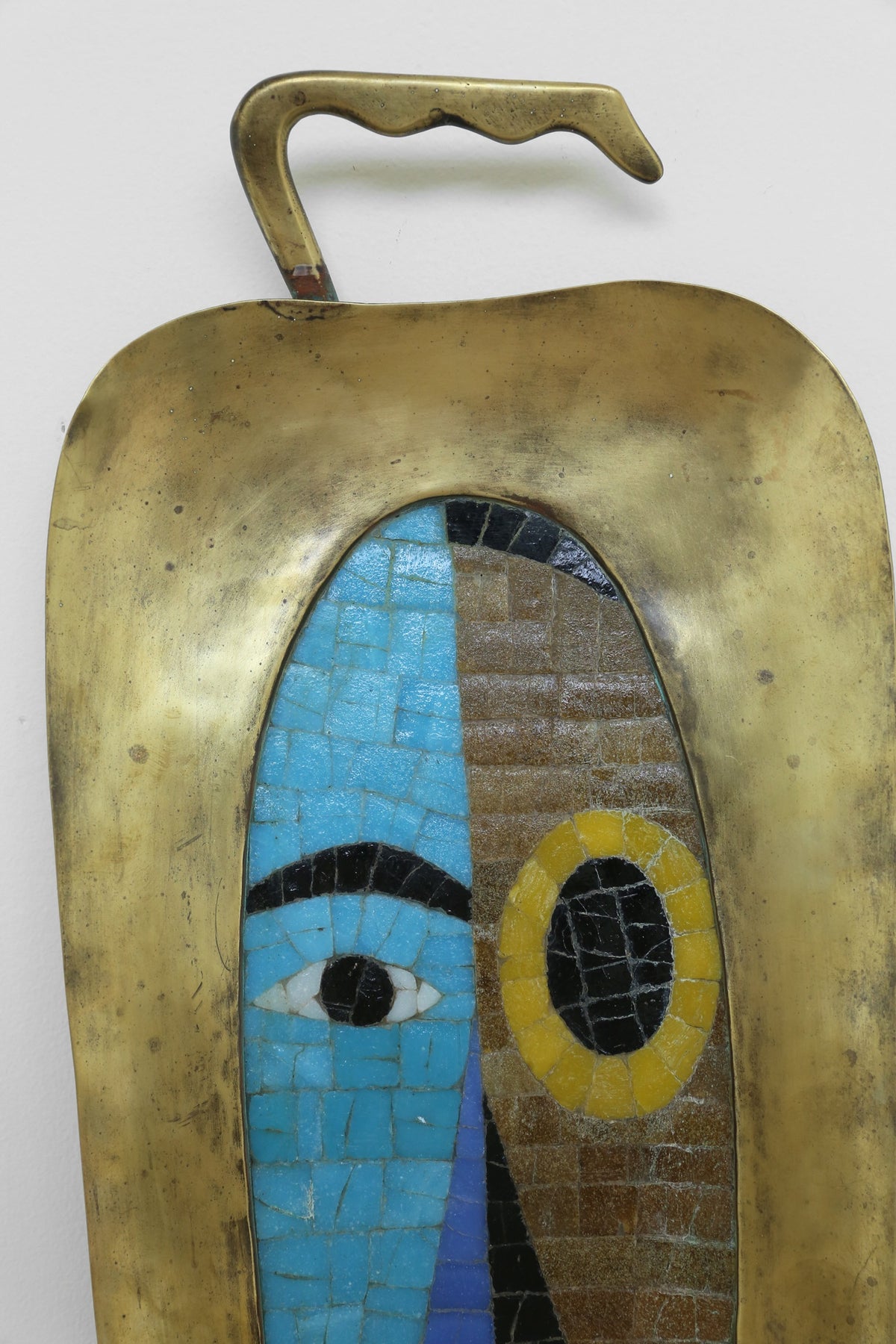 Face Mosaic Hanging, Salvador Teran — side angle showing brass and mosaic details