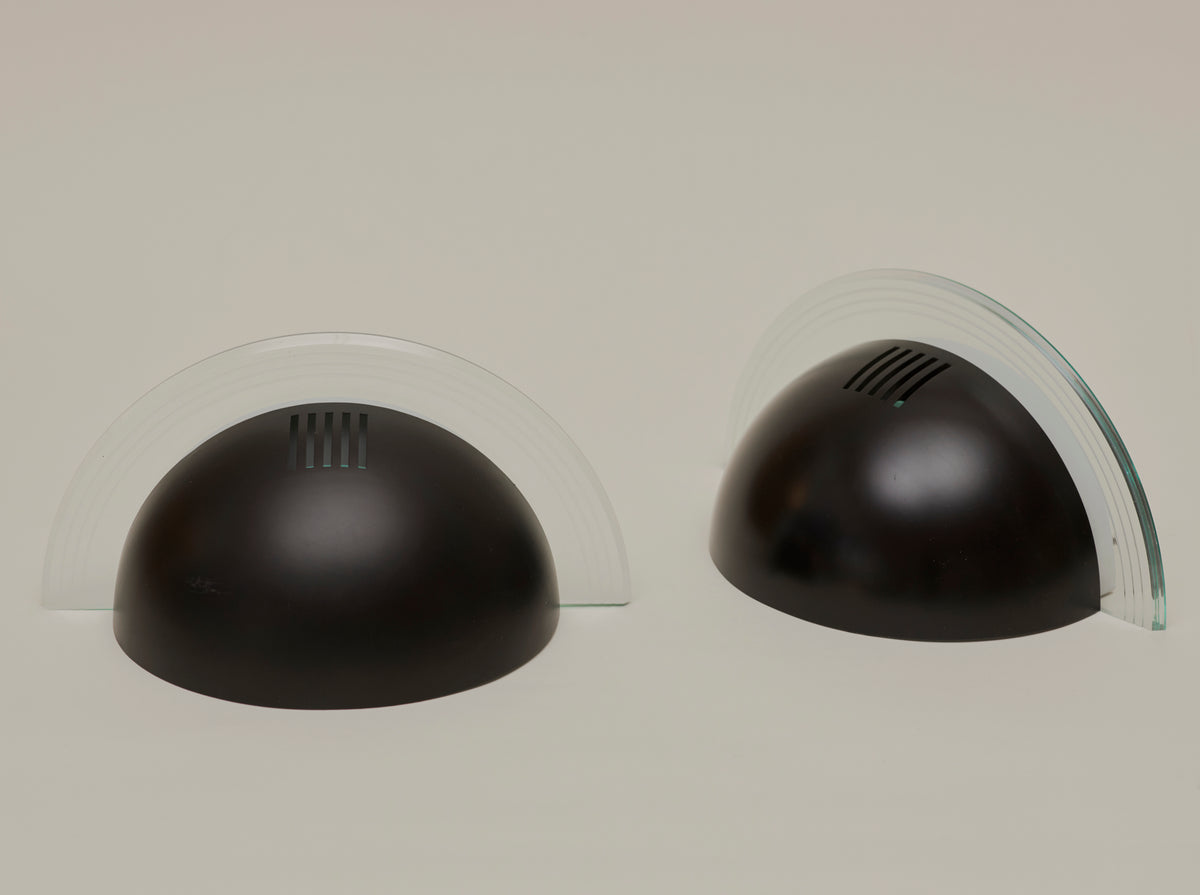 Set of 2 Vintage German Postmodern Wall Lights Circa 1980 — close-up of black metal and glass detail