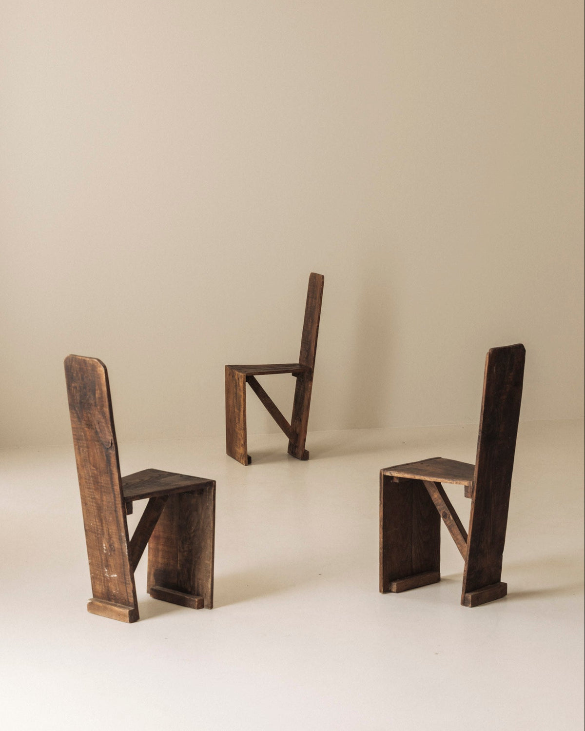 Set of 3 Primitive French Wooden Chairs, 1940s–1950s — side angle