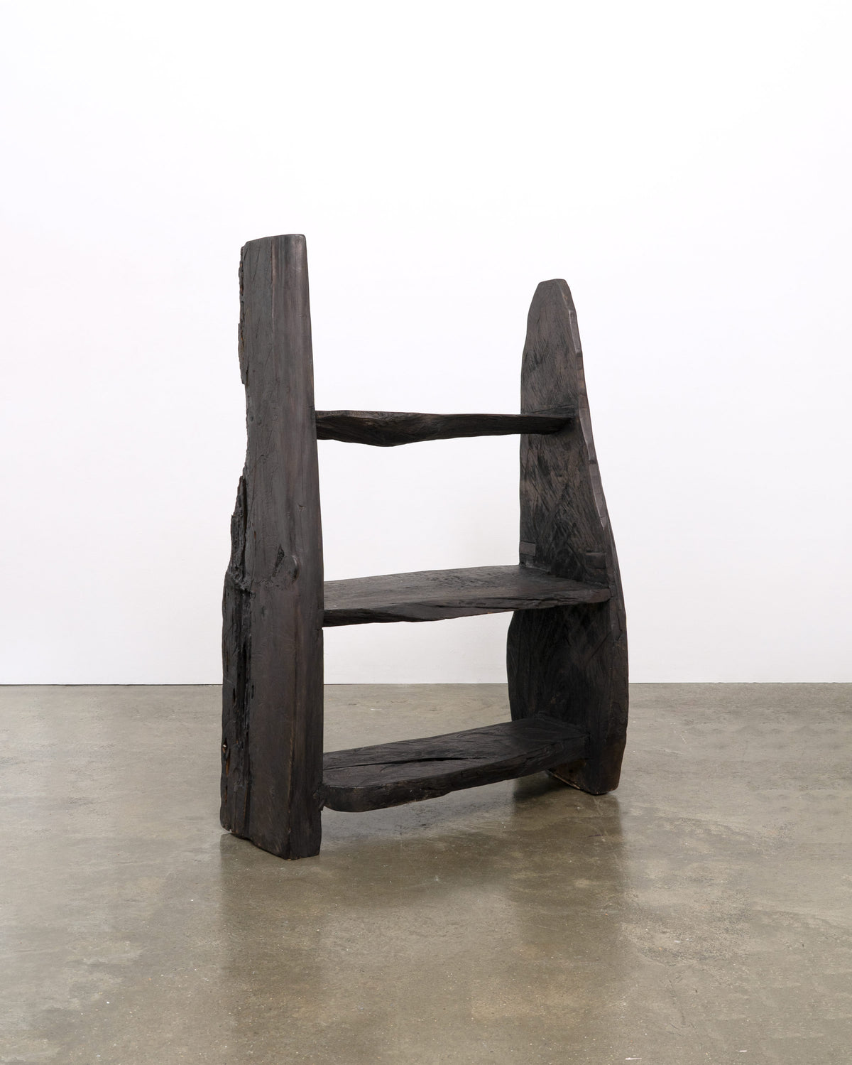 Charred wood brutalist bookcase with asymmetrical shelving design