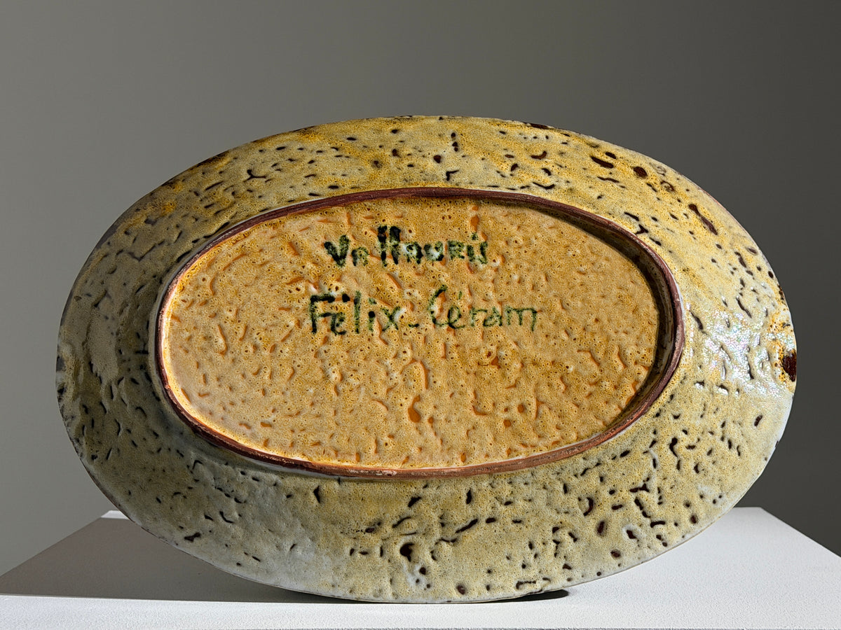 Large decorative ceramic platter by Félix Aïello, Vallauris, France, 1960 — lifestyle setting