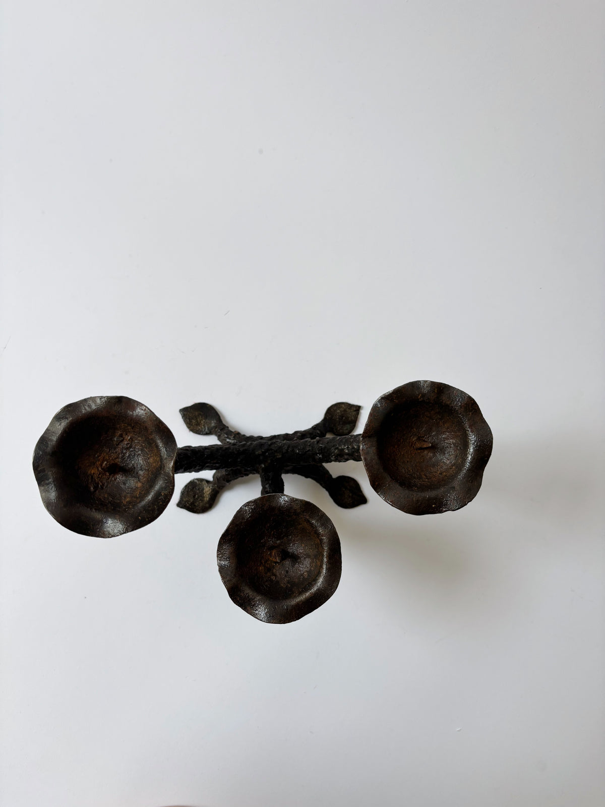 Metal Textured Artisan Candlestick, Poland — top view of three candle holders