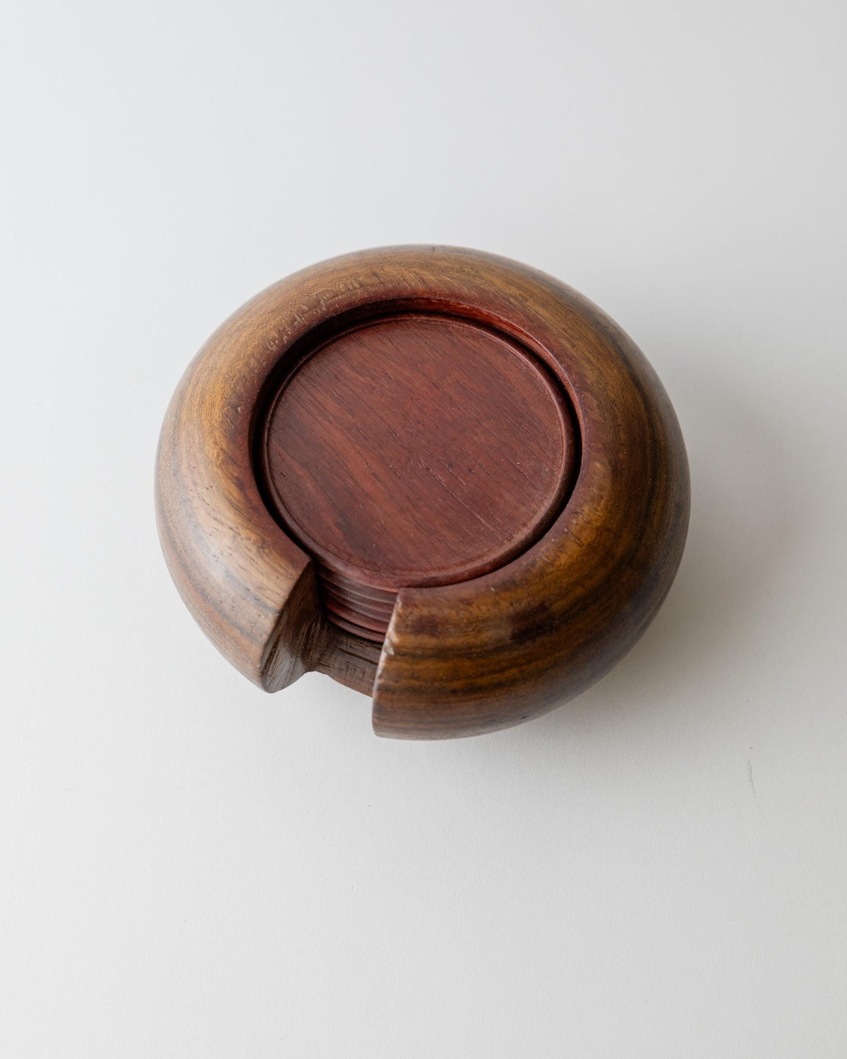 Vintage 1960s Italian Wooden Coaster Set, Dark Wood Drink Coasters, Classic Mid Century Tableware, Rustic Barware, Table Accent, Gift Idea — side angle