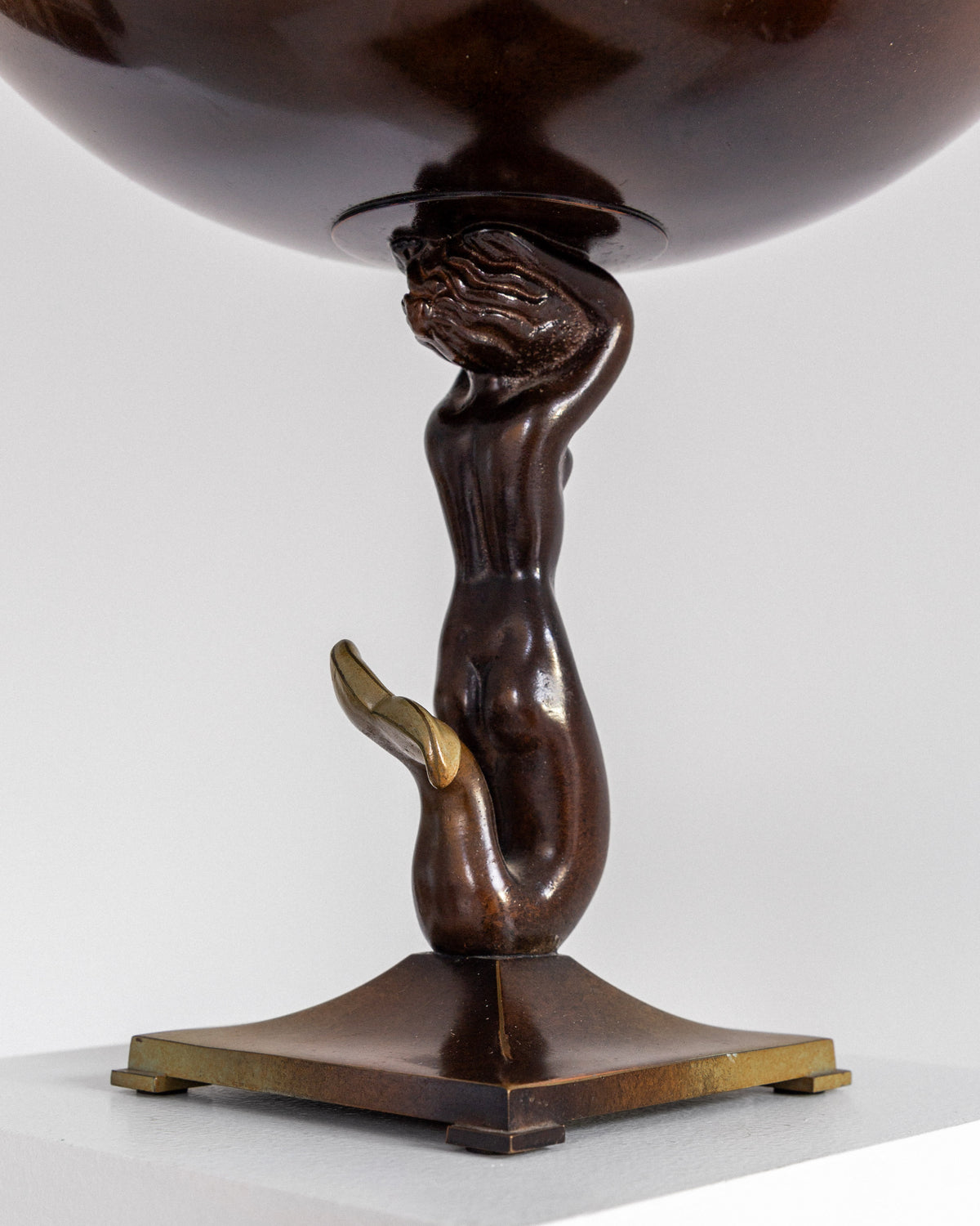 Art Deco bronze pedestal bowl with sculpted mermaid base detail