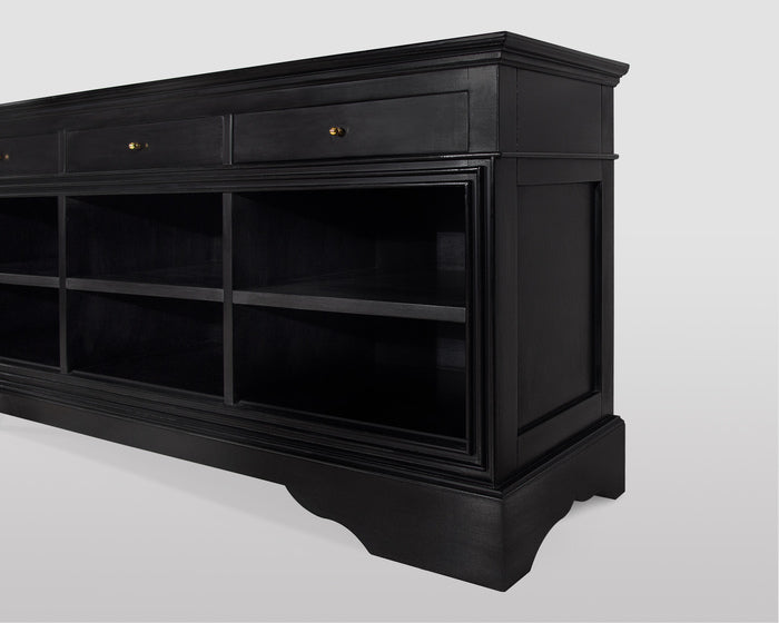 Contemporary Black Solid Wood Media Console and TV Cabinet with Storage Drawers — lifestyle setting