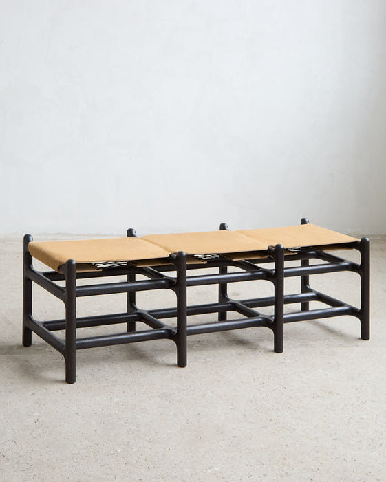 Lyndoe Bench in Solid Wood and Leather by Mary Ratcliffe Studio | The Oblist — handcrafted leather seat, dark wood frame