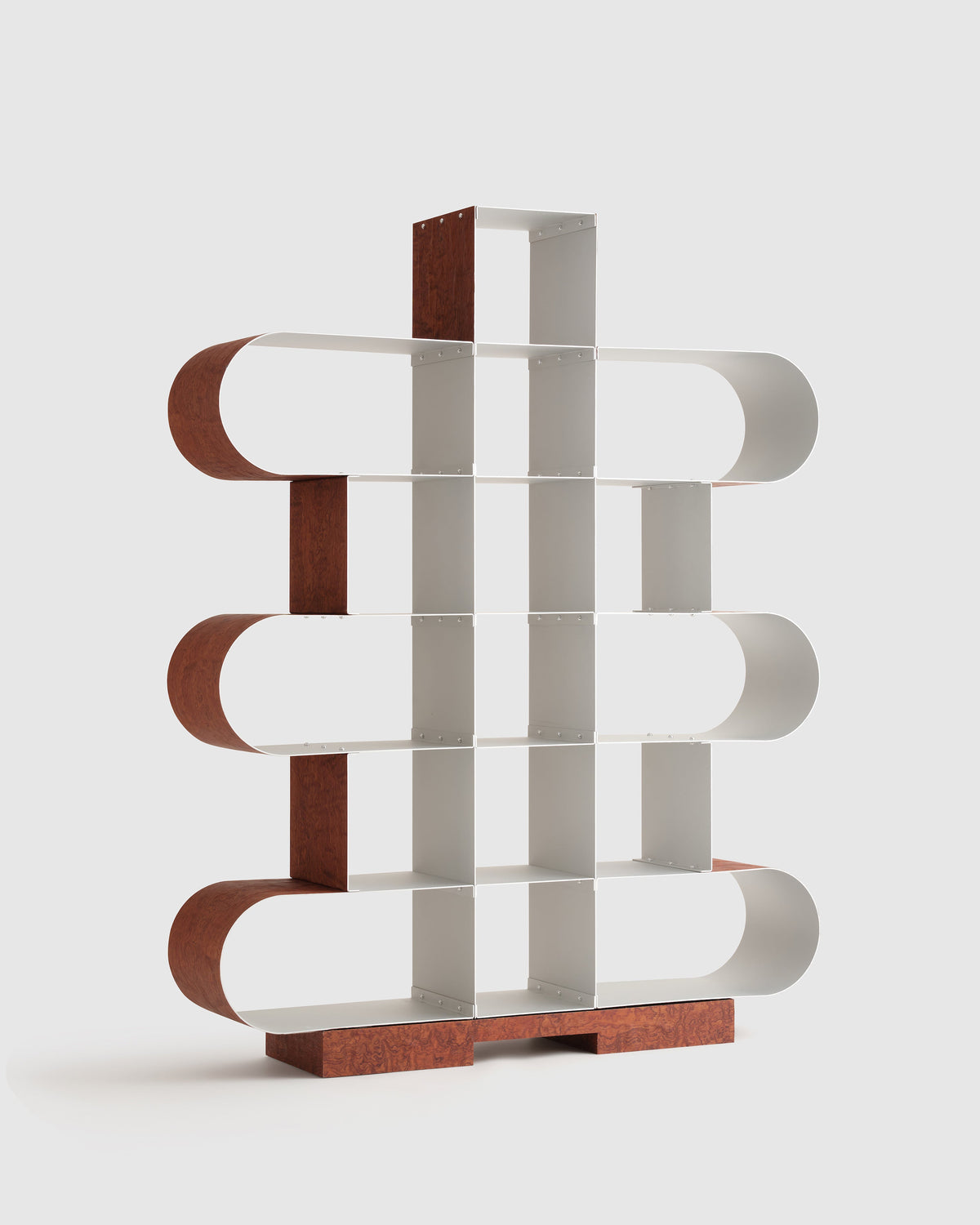 Modern geometric aluminum shelf with curved wood elements by Hun Lee