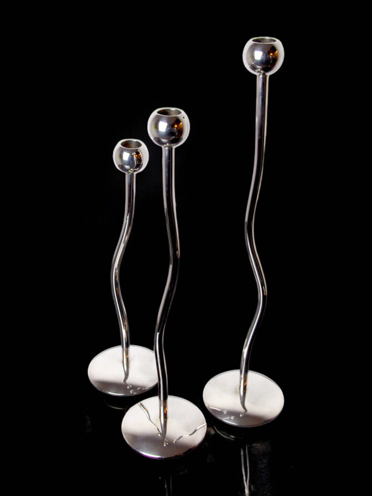Trio of silver metal candlesticks from mesa italy, italy, 1980s by Malamar Studio | The Oblist