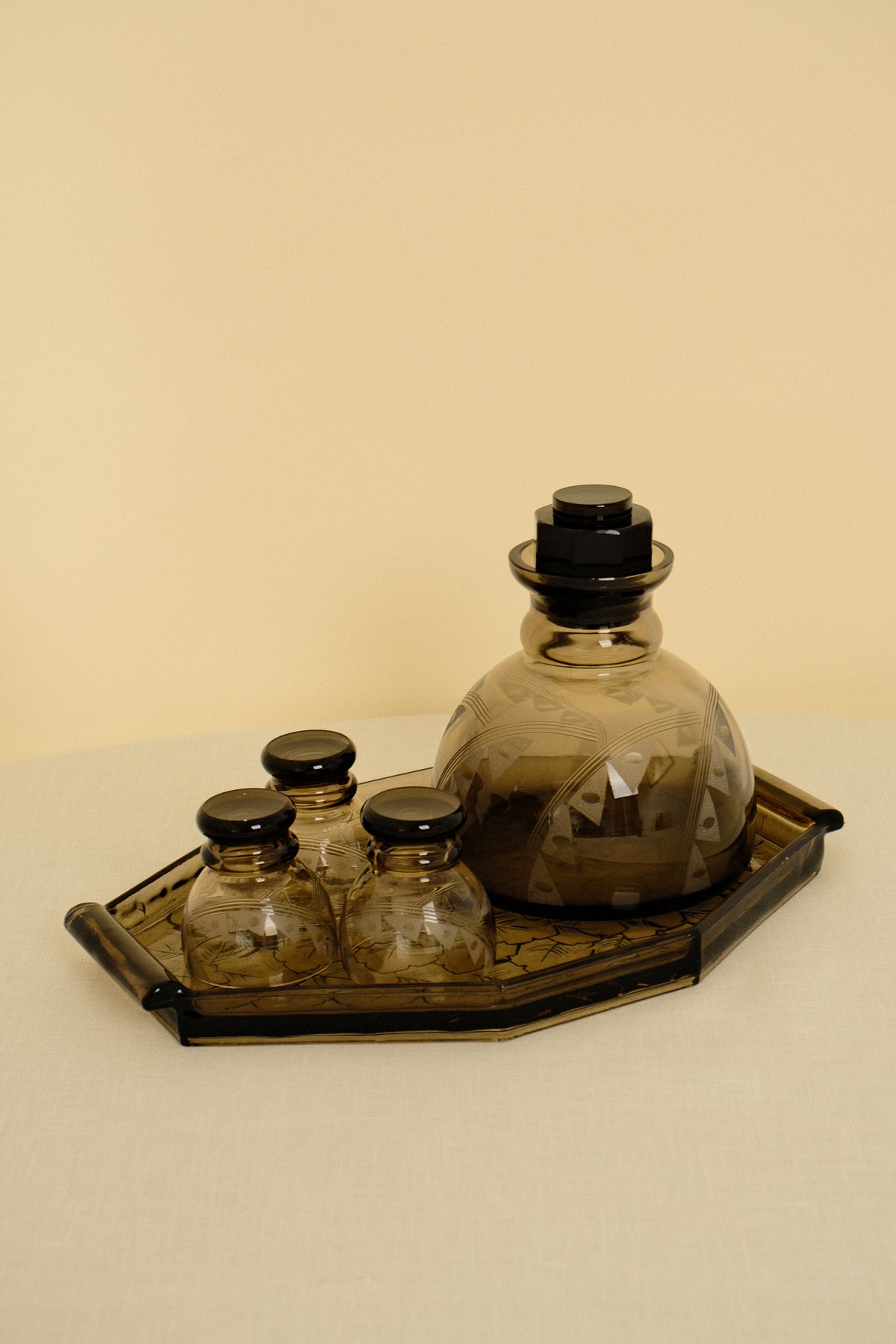 Art Deco Smoked Glass Serving Tray — close-up