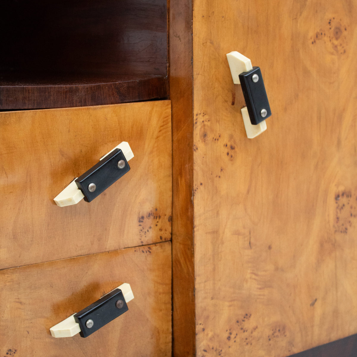 Pair of Art Deco Nightstands with Burl Wood Fronts — view 10