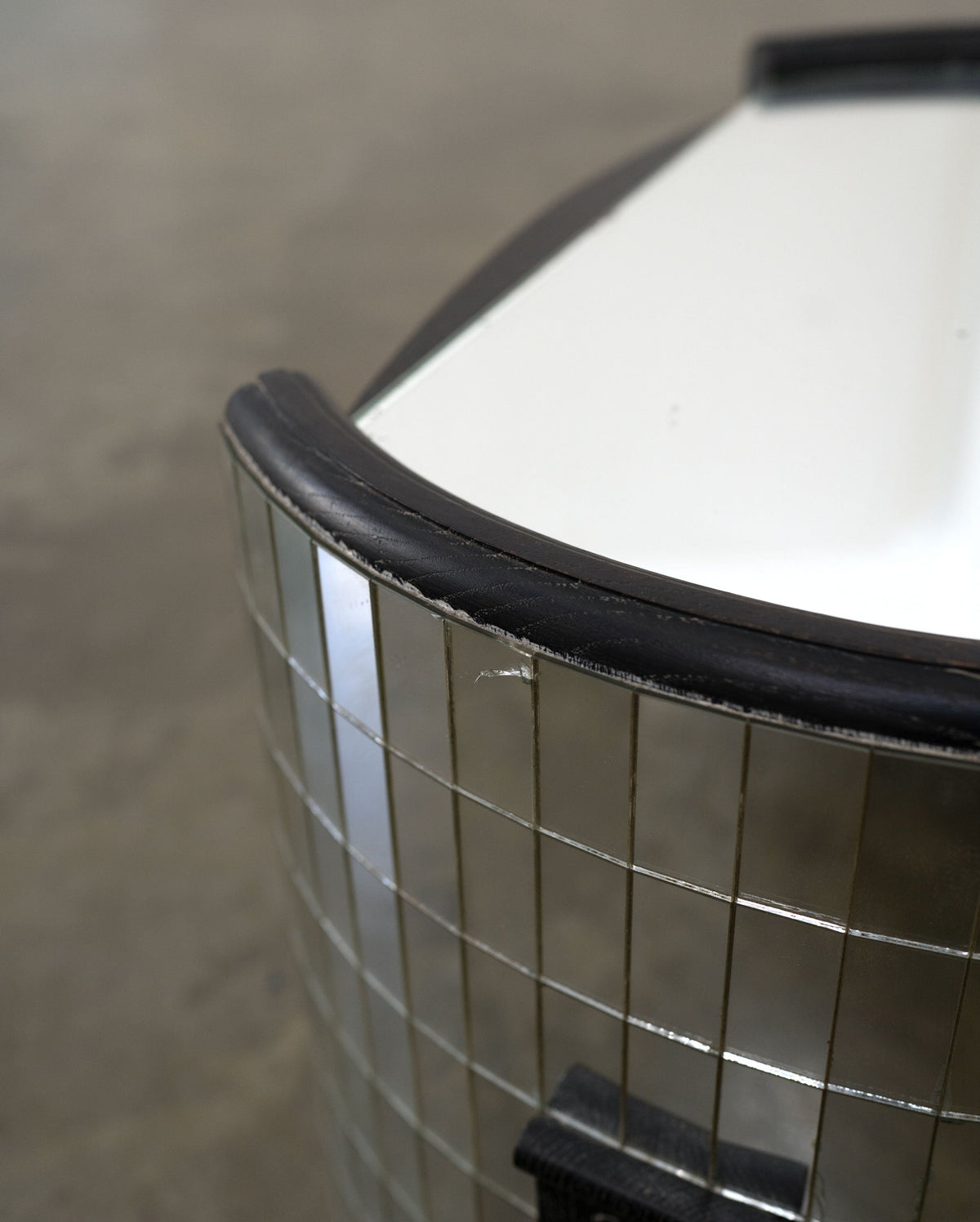 Ebonised Modernist Oak and Mirror Mosaic Side Table — top view of mirrored surface